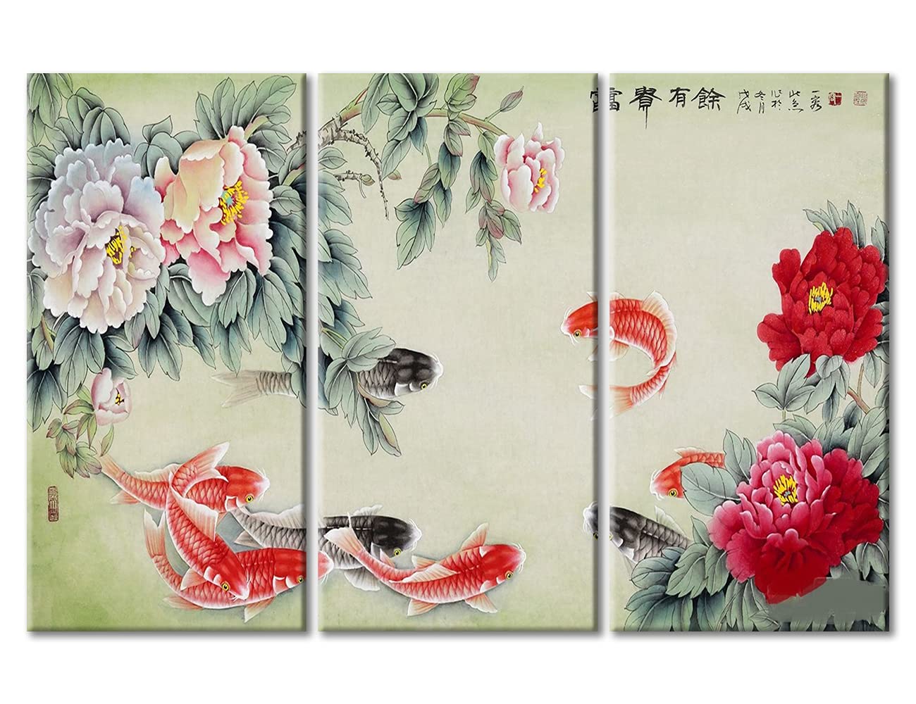 Stunning 3-Piece Chinese Ink Koi Peonies Canvas Wall Art - 60