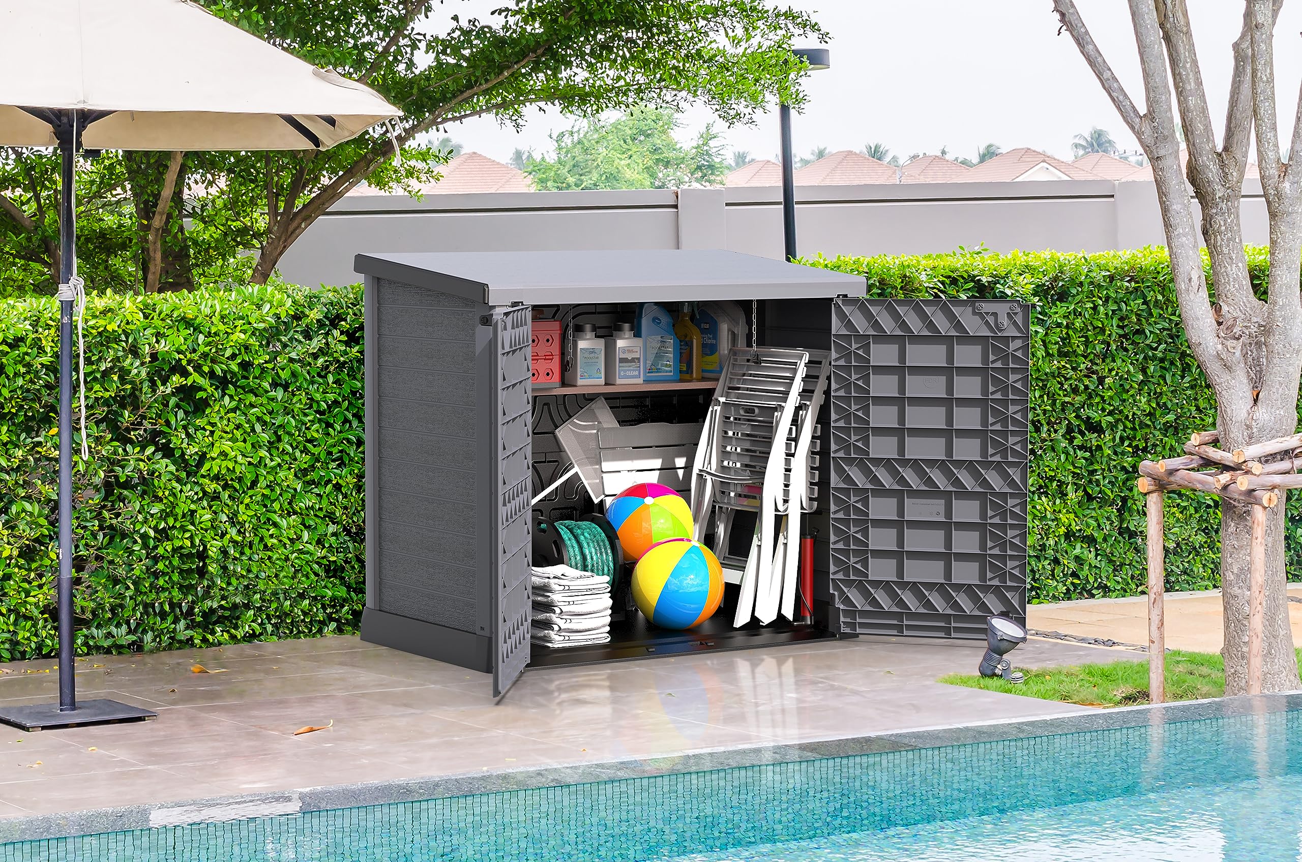 Duramax Cedargrain 1200L Plastic Outdoor Storage Shed with Flat Lid – Heavy-Duty Garden Shed for Bikes, Tools, BBQs & 2X 240L Bins – Weather-Resistant Grey Storage Unit (145x85x125 cm) – Perfect for Backyard, Patio & Garage Organization