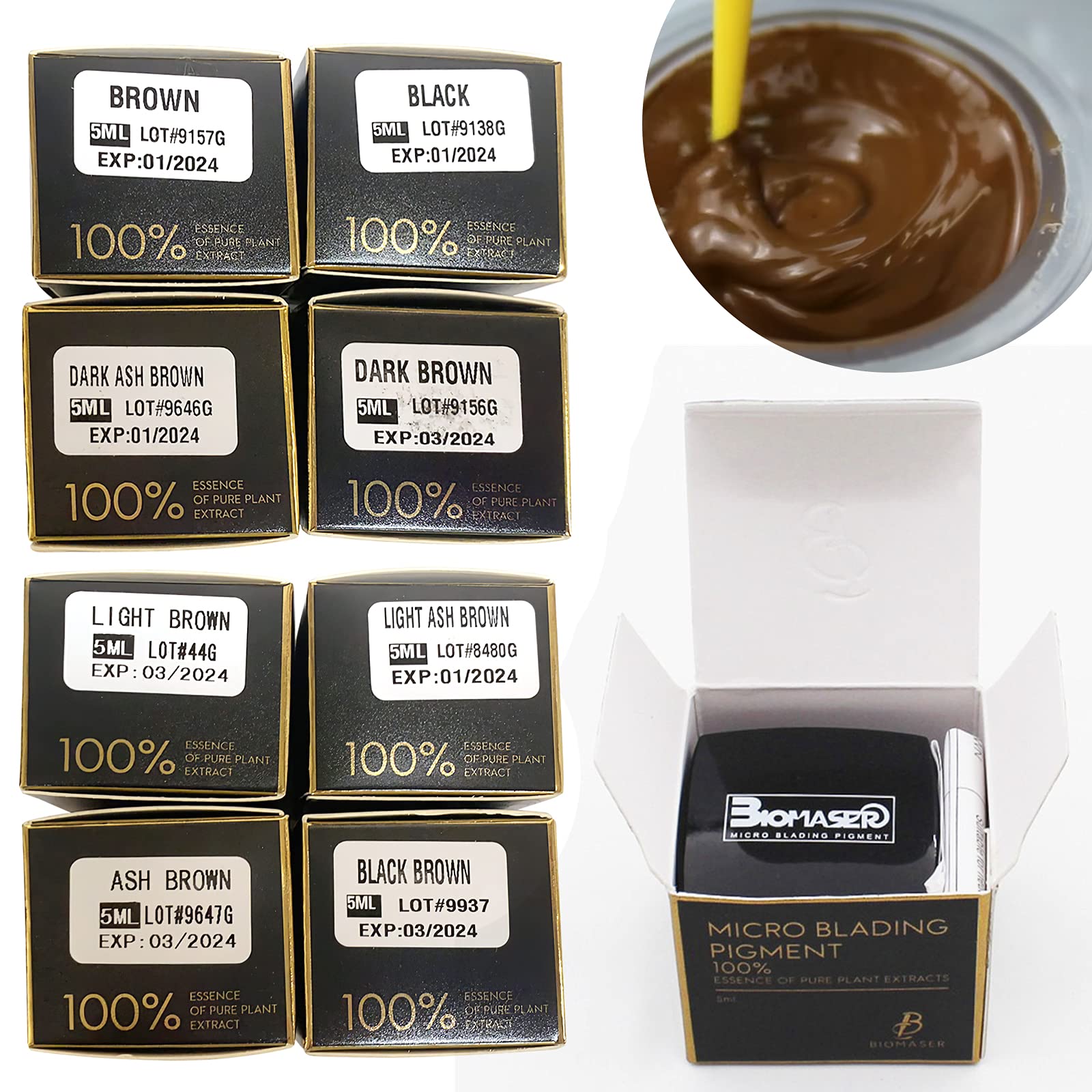 Professional Biomase Microblading & Microshading Pigment Ink for Eyebrows & Eyeliner - Ash Brown, Black Brown, Black, Brown, Dark Brown, Dark Ash Brown, Light Ash Brown, Light Brown - Perfect for Permanent Makeup, Tattoo Artists & Beauty Salons