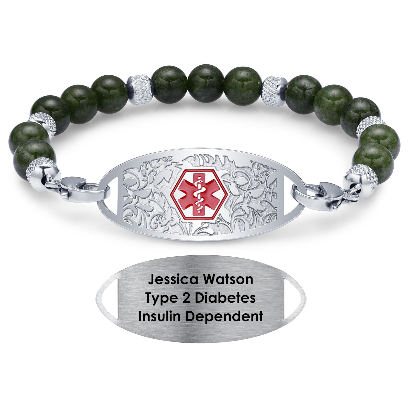 Custom Medical Alert Bracelet with Free Engraving - Adjustable 5.5-8.5 Inch Emergency ID Bracelet for Women & Men - Interchangeable Dark Green & Turquoise Beads - Perfect for Diabetes, Allergies & Emergency Medical Identification