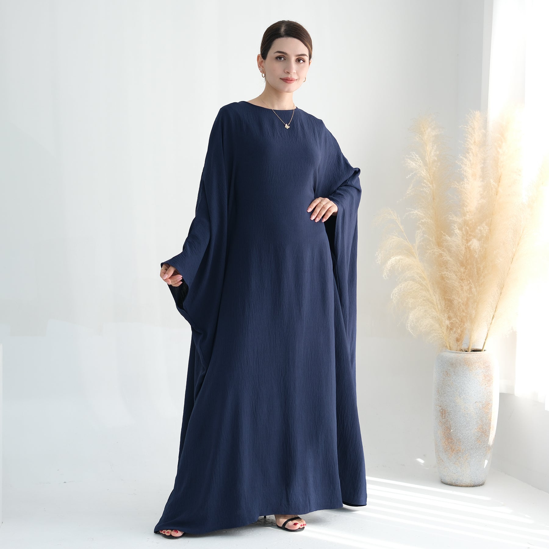 Naimah Textured Butterfly Abaya in Navy Blue - Elegant Islamic Dress for Women, Perfect for Prayer, Eid, and Special Occasions