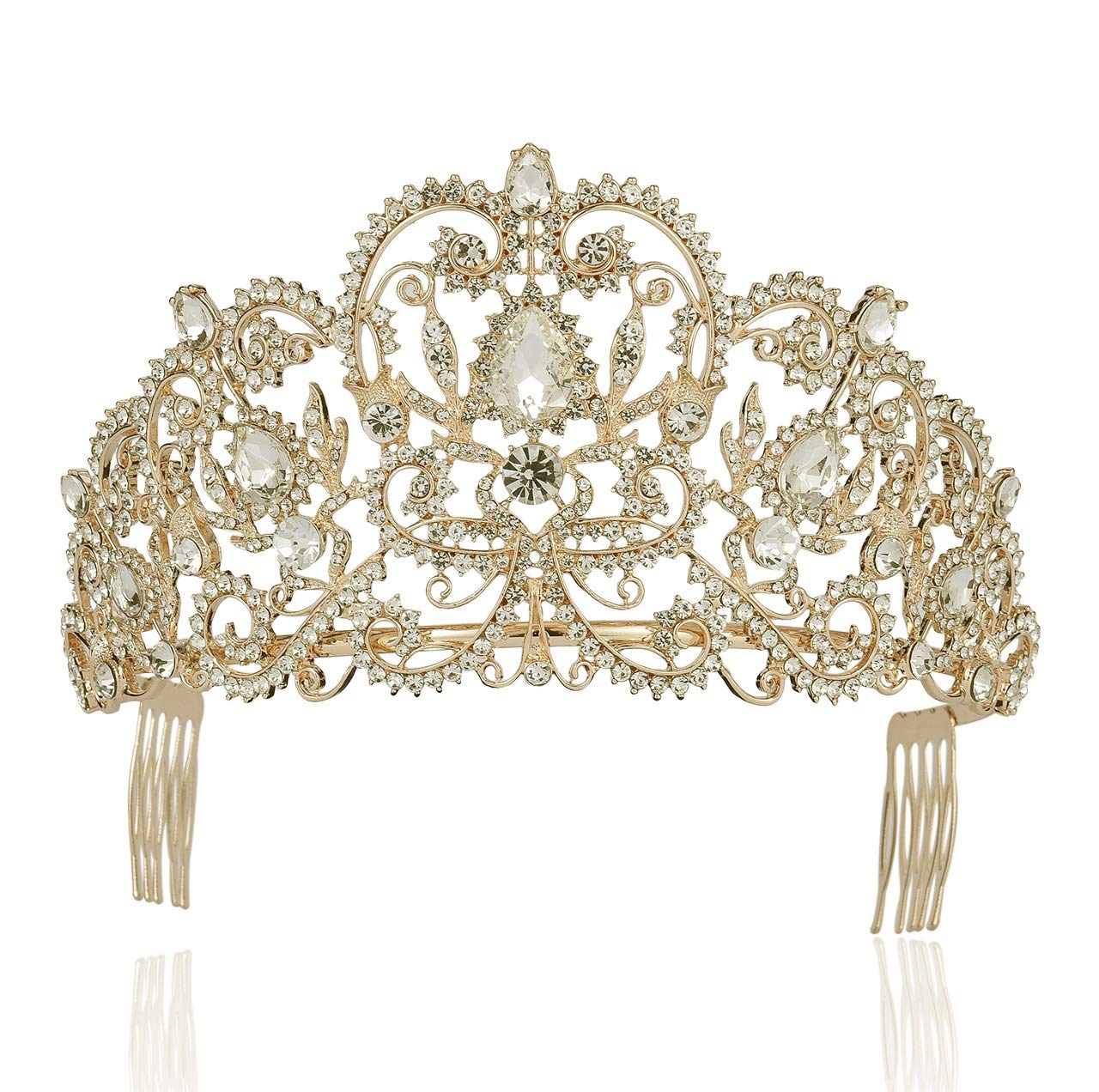 Victorian Clear White Austrian Rhinestone Crystal Tiara Crown with Hair Combs - Elegant Princess Queen Headband for Weddings, Prom, Pageants, Beauty Contests & Birthday Parties (T1505)