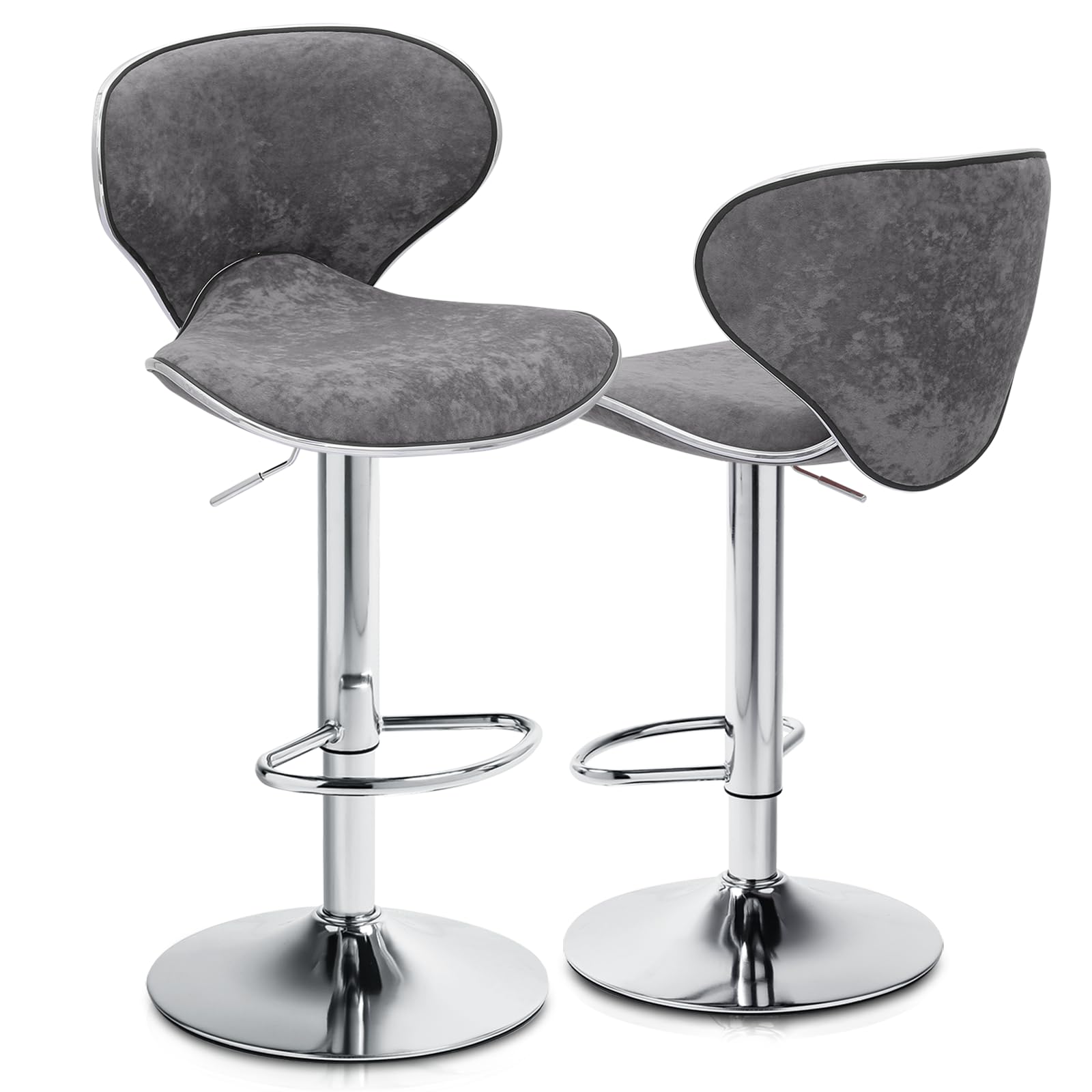 Magshion Set of 2 Modern Velvet Upholstered Adjustable Swivel Bar Stools - Kitchen Counter Height Barstools with Grey Velvet Seating - Perfect for Home Bars, Kitchen Islands & Dining Areas