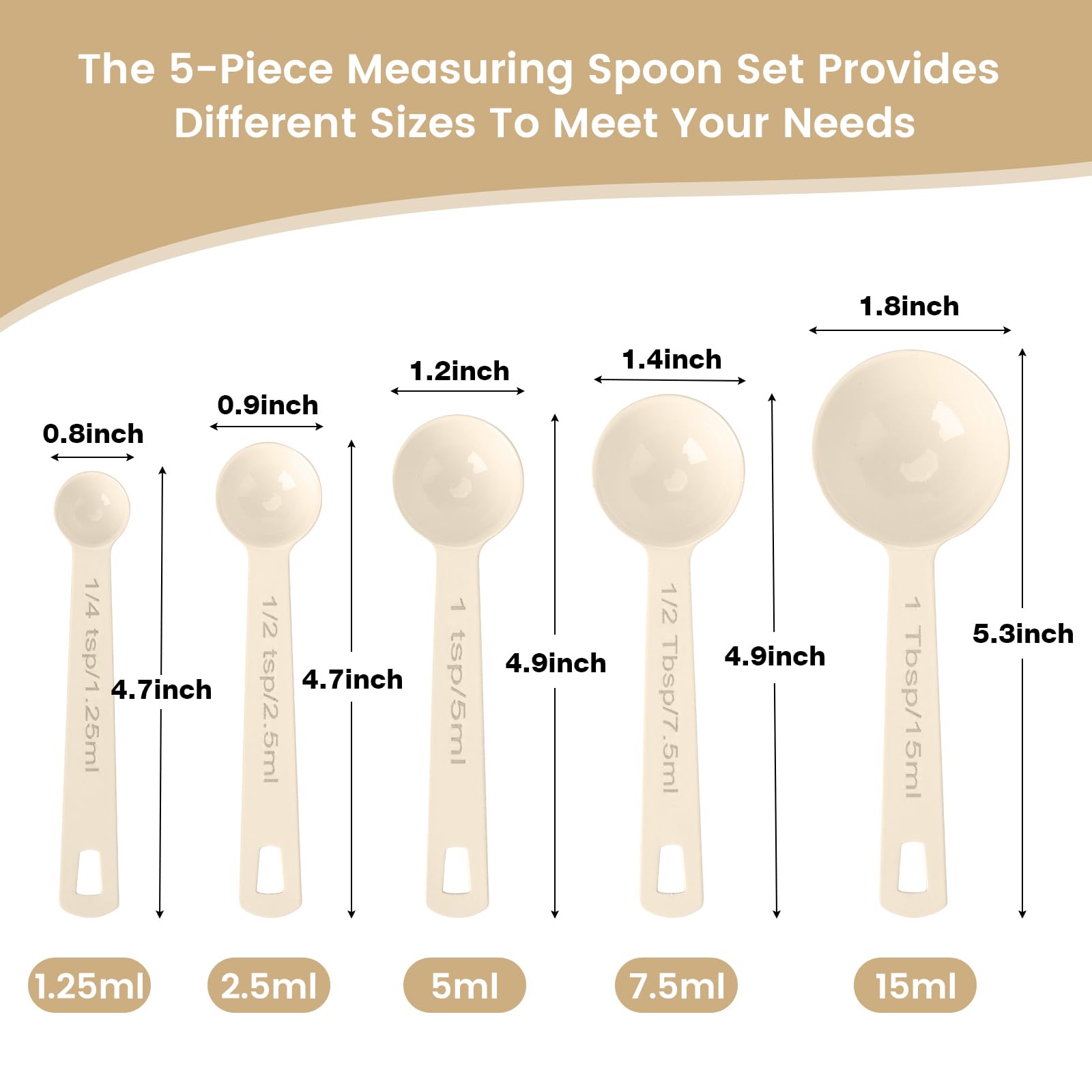 Premium Stainless Steel Measuring Spoons Set - 5-Piece Metal Measuring Cups & Spoons for Liquid, Dry Food, Baking & Cooking - Durable Kitchen Tools for Home Chefs & Bakers (White)