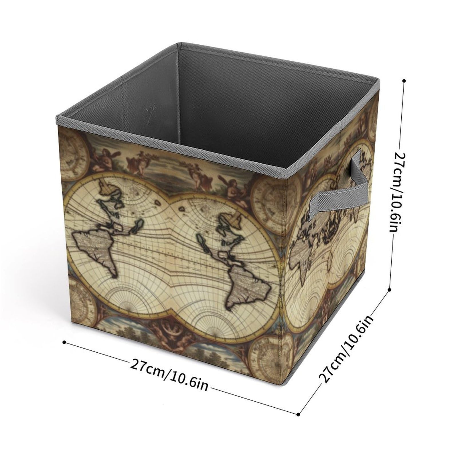 Collapsible Storage Cubes with Handles - 10.6×10.6 Inch Foldable Fabric Bins with Ancient World Map Print for Home Organization | Perfect for Closet, Nursery, Office & Toy Storage