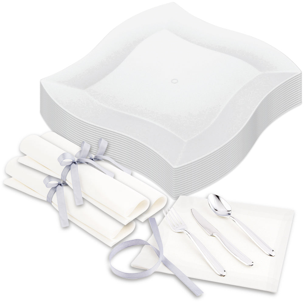 100-Pack Large White Square Plastic Aqua Plates & 100-Pack Moderna Silver Plastic Cutlery Set - Perfect for Parties, Picnics, and Catering Events