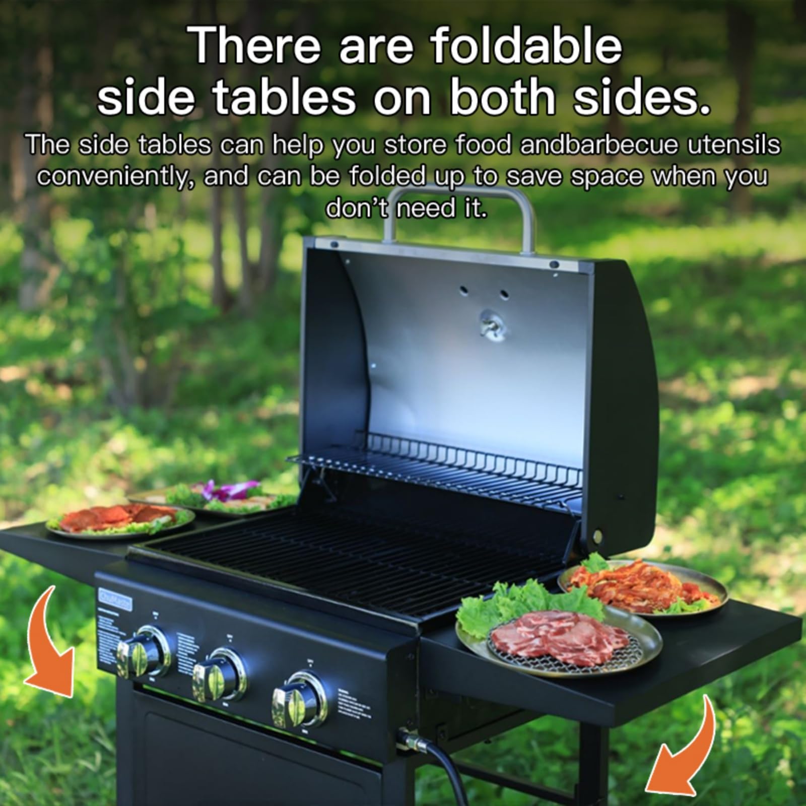 3 Burner Outdoor Propane Gas Grill - 30,000 BTU BBQ Grill with Built-In Thermometer & Foldable Side Tables - Perfect for Patio, Garden, Backyard, Camping and Tailgating Parties