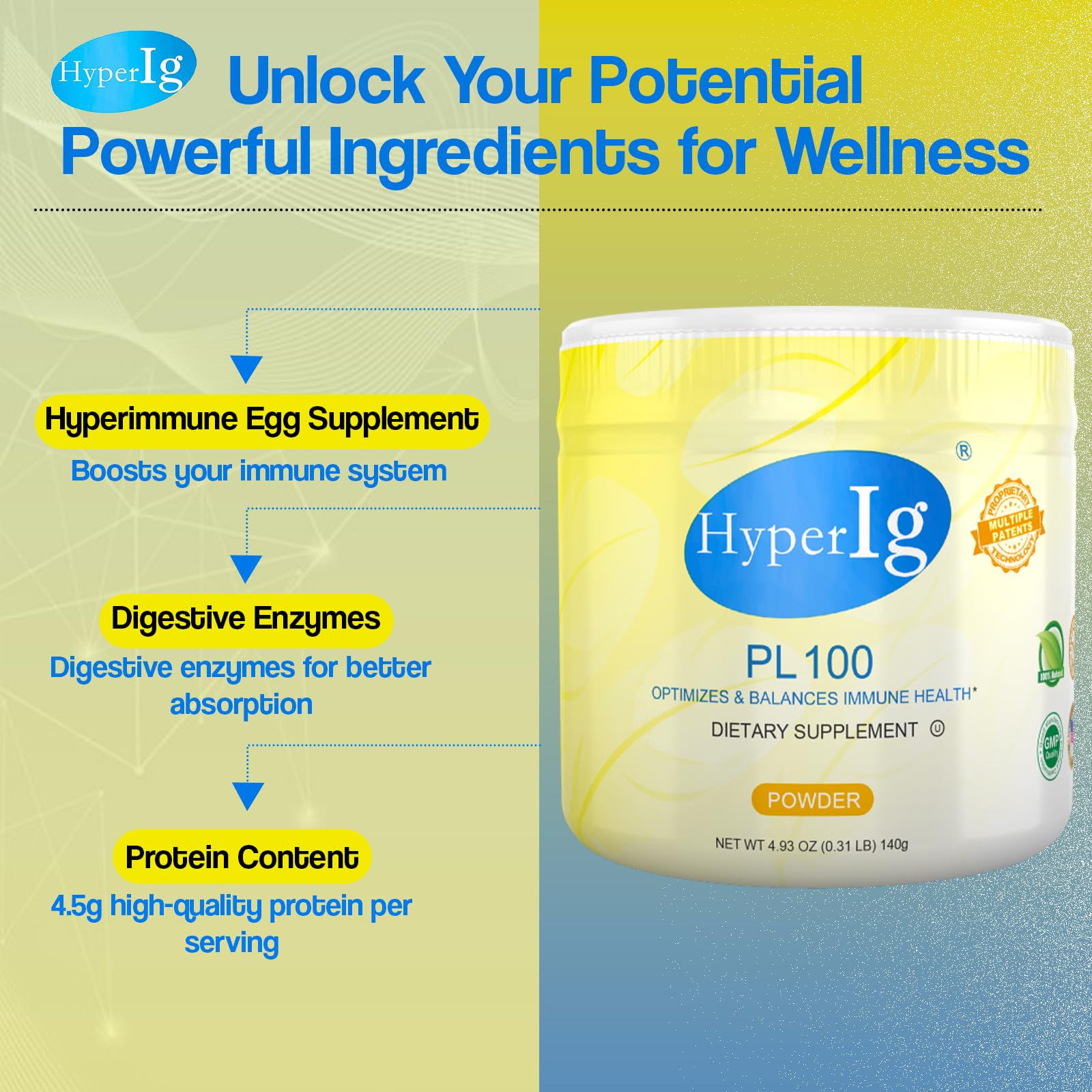 PL-100 Hyperimmune Egg Protein Powder - Immune Booster, Digestive Support & Joint Care Supplement | 140g Canister for Energy, Muscle Strength & Overall Wellness | Perfect for Athletes, Fitness Enthusiasts & Immune Support