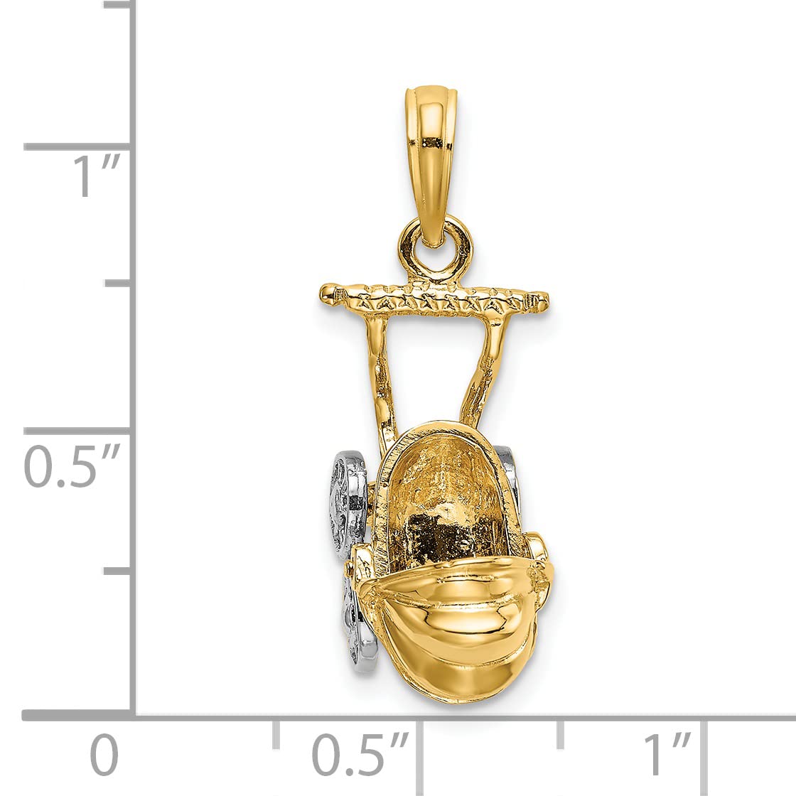 14K Yellow Gold Rhodium-Plated 3D Stroller Charm with Moveable Wheels - Perfect for Baby Shower Gifts, New Mom Jewelry & Pushchair-Themed Keepsakes