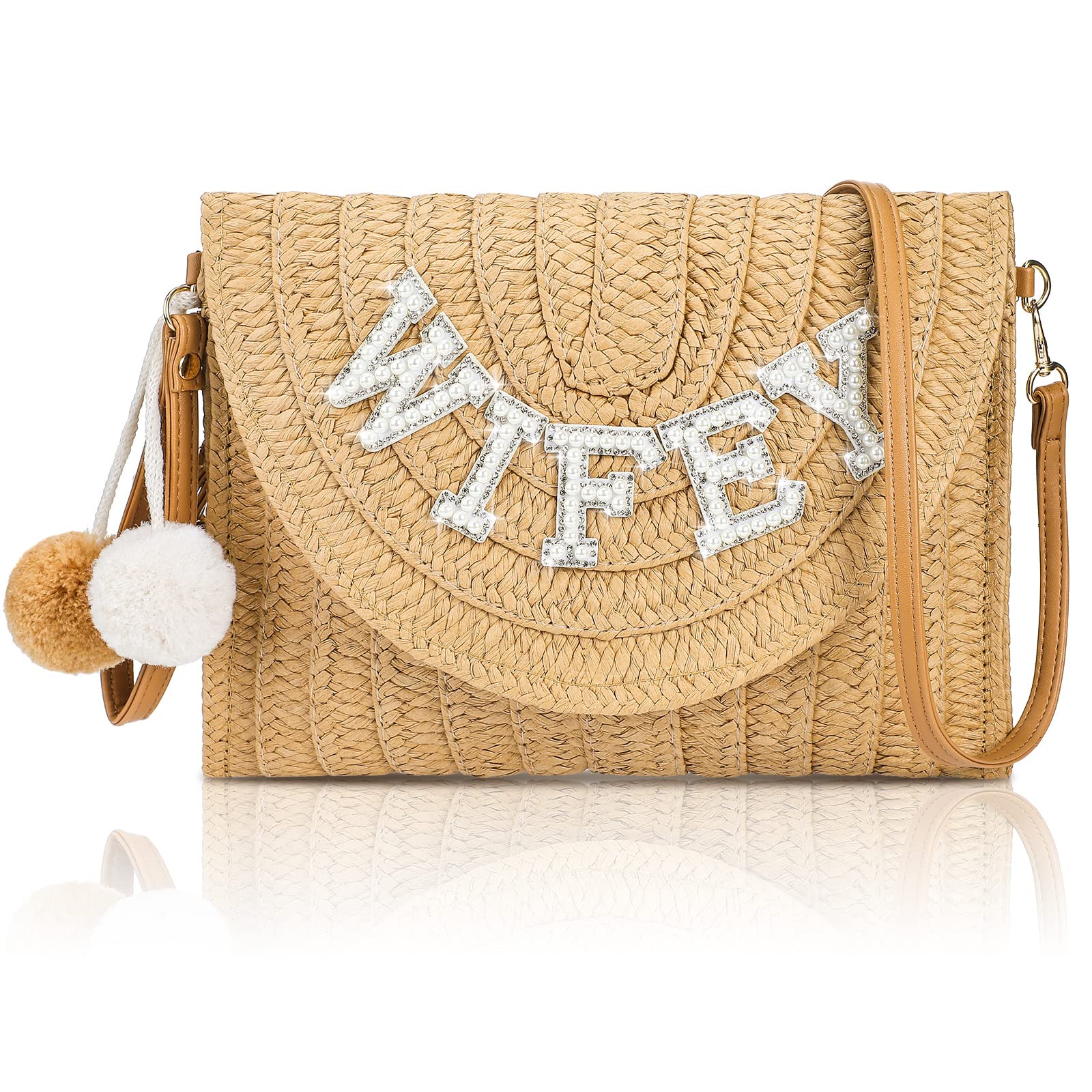 Pinkunn Women's Straw Shoulder Bag with Pearl Rhinestone - Elegant Clutch for Wedding, Bridal Shower, Summer Beach & Vacation - Perfect Gift for Bride