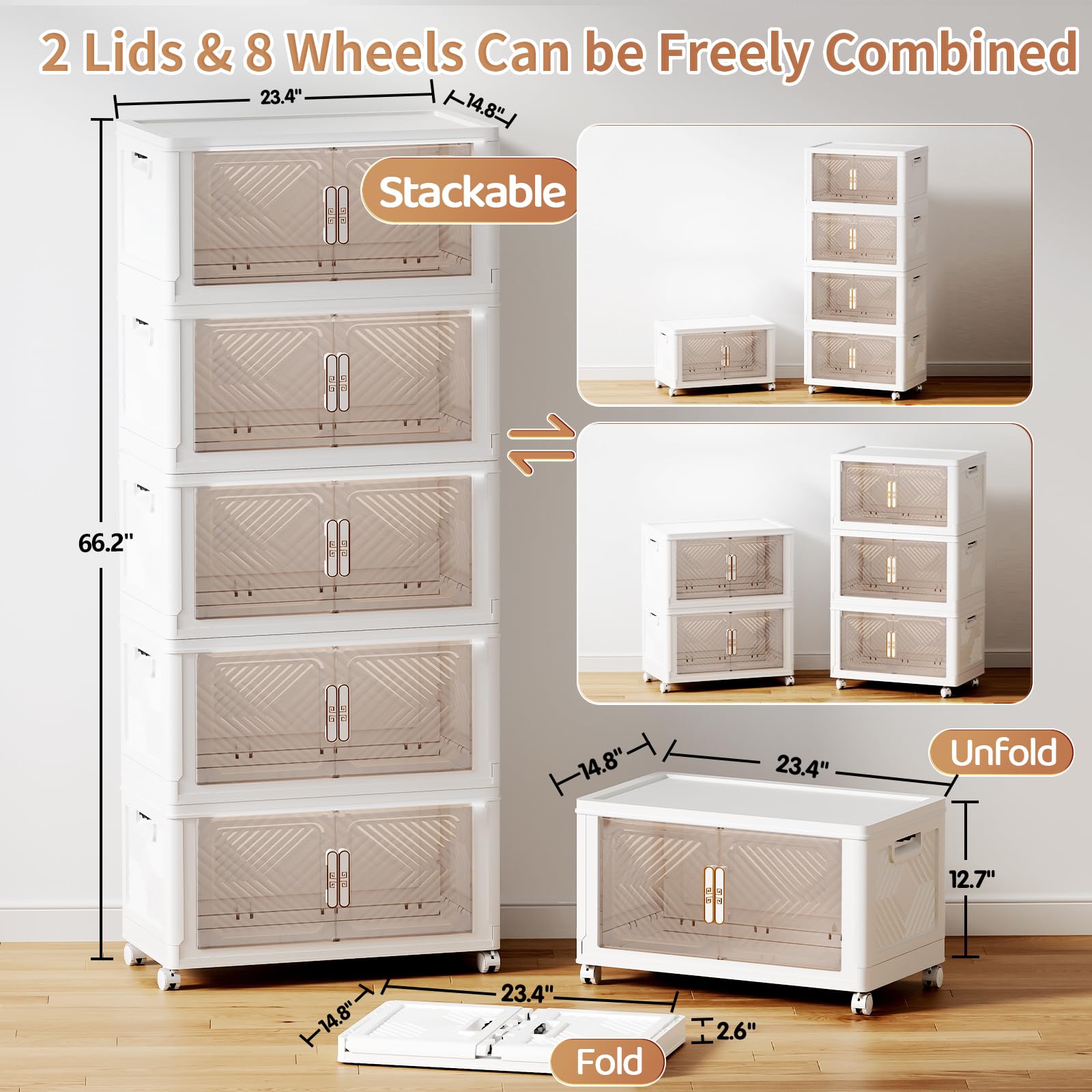 76QT Stackable Storage Bins with Lids, Wheels & Magnetic Doors - Plastic Storage Containers for Closet, Pantry, Home & Office Organization (5-Pack) - Perfect for Seasonal Clothes Storage, Toy Organization & Space Saving Solutions