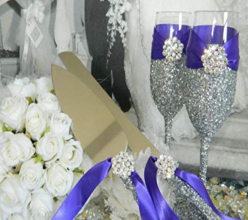 Elegant Wedding Champagne Flutes Set - 2 Crystal Champagne Glasses & 2 Silver Cake Knives (4-Piece) for Bridal Showers, Wedding Toasts & Anniversary Gifts - Perfect for Romantic Celebrations & Couples' Special Moments