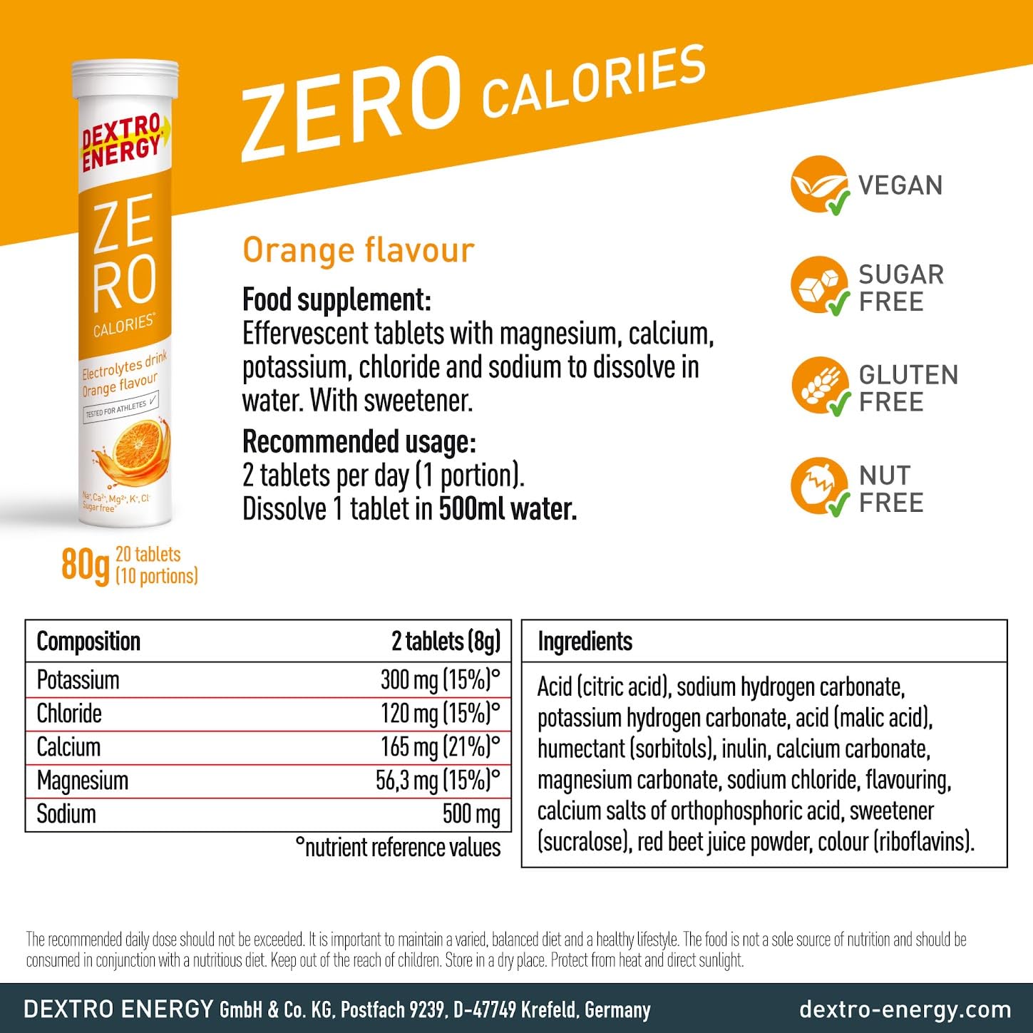 Dextro Energy Zero Calorie Electrolyte Drink Tablets - Orange Flavor | 60 Effervescent Tablets in 3 Tubes | Post-Workout Recovery, Hydration & Energy Boost | Perfect for Gym, Running, Hiking & Sports Activities