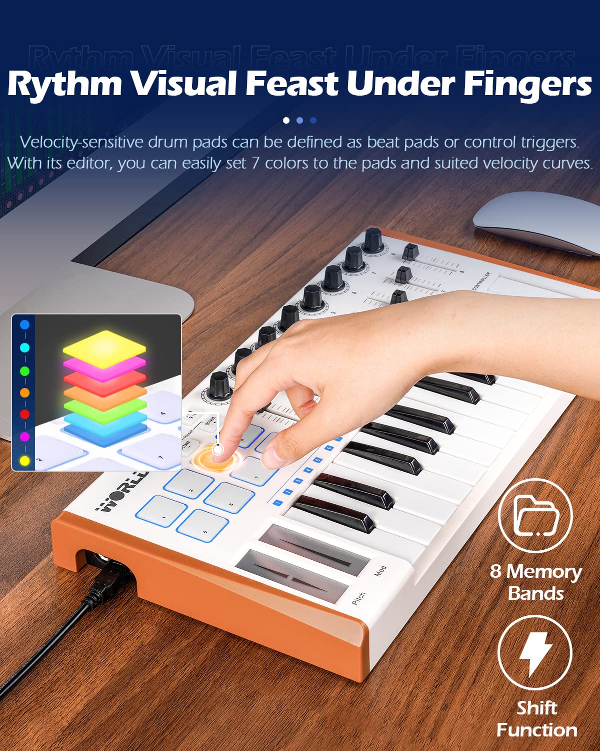 Vangoa Worlde 25-Key MIDI Keyboard Controller with Drum Pads - Portable USB Beat Maker for Music Production | 8 Knobs, 8 Faders & Pedal Interface | Perfect for Beginners & Home Studio Recording (White)