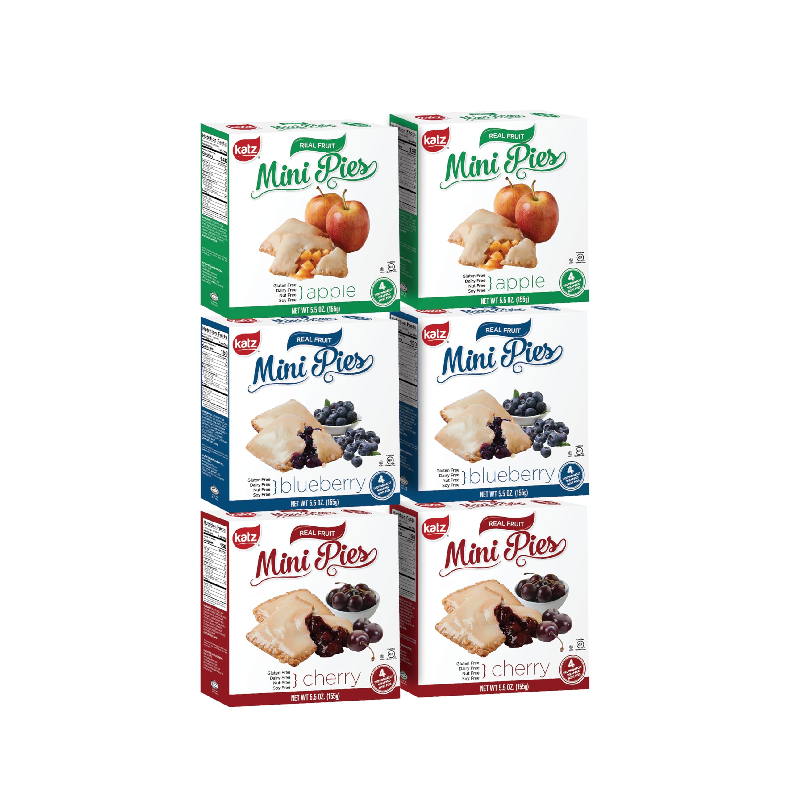 Katz Gluten Free Mini Pies Variety Pack - 6 Individually Wrapped Pies (2 Apple, 2 Blueberry, 2 Cherry) | Allergy Friendly Snacks - Dairy Free, Nut Free, Soy Free, Gluten Free | Perfect for School Lunches, Road Trips & On-the-Go Snacking