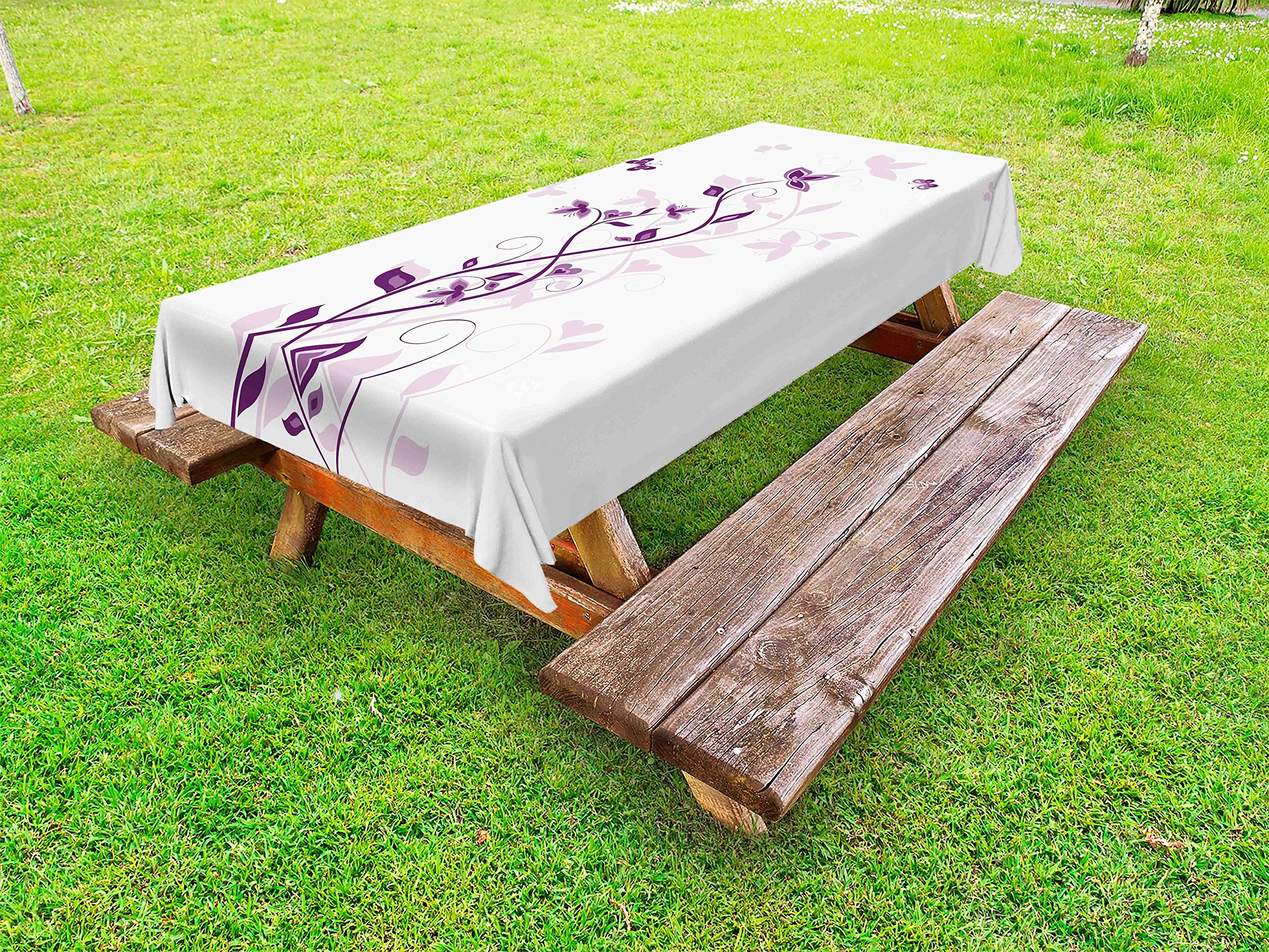 Ambesonne Purple Outdoor Tablecloth - Violet Tree Swirling Persian Lilac Blooms with Butterfly Design, Washable Picnic Table Cover 58