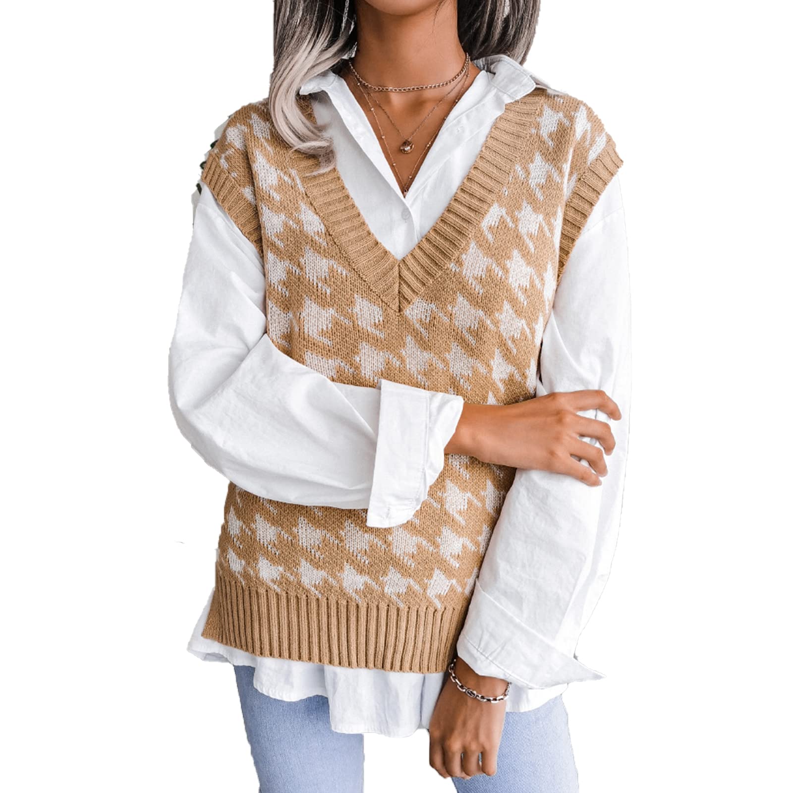 Women's Houndstooth Knit Sweater Vest - Sleeveless Loose Fit V-Neck Waistcoat Pullover Top for Casual Outfits & Layering | Perfect for Office, Fall Fashion & Everyday Wear