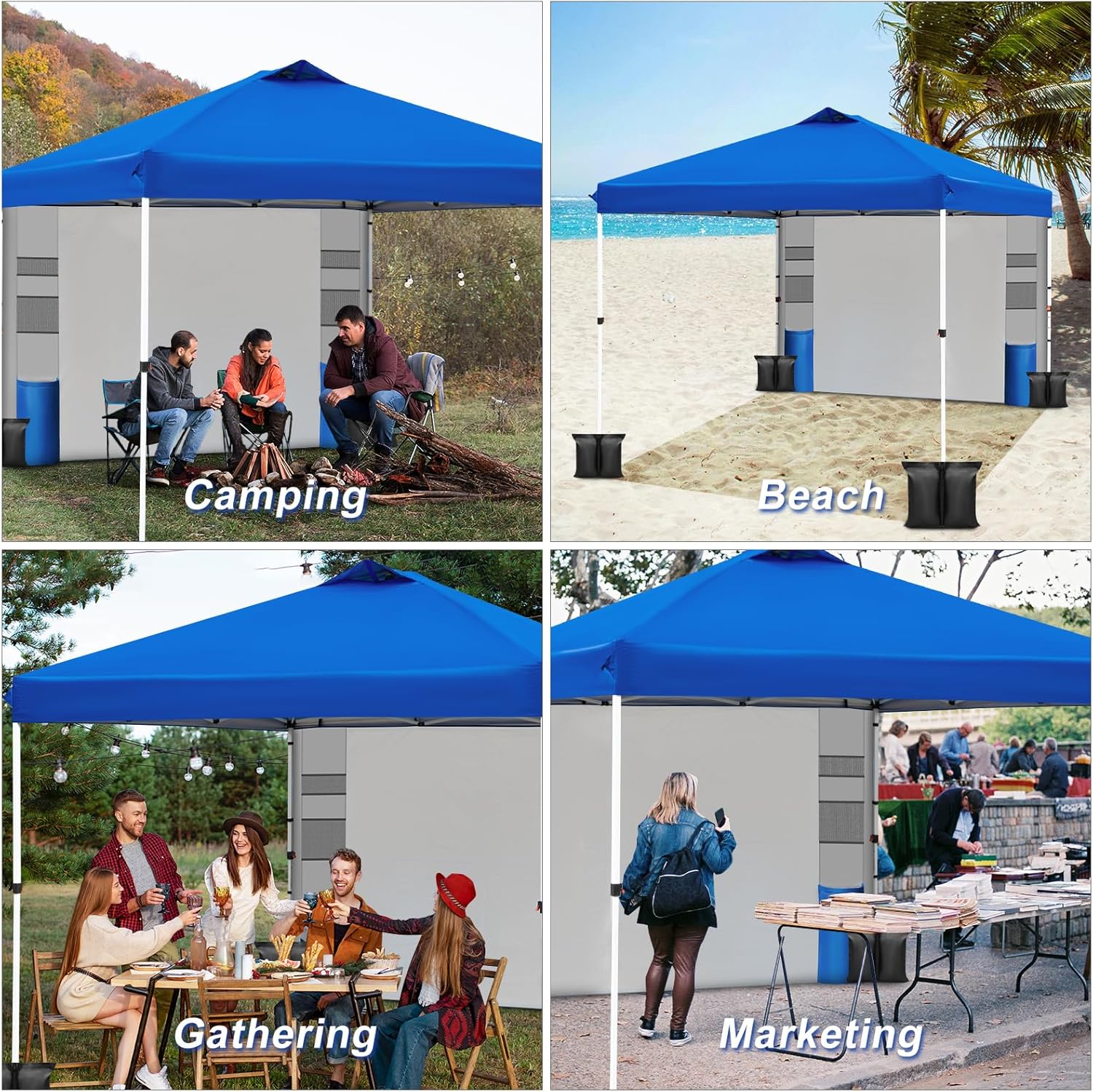 WEIZE 10x10 Pop Up Canopy Tent - Instant One-Button Setup Gazebo with Adjustable Height, 1 Sidewall & 6 Storage Pockets | Includes 4 Weight Bags | Portable Sun Shelter for Outdoor Events, Beach Parties, Camping & Backyard Gatherings | Blue