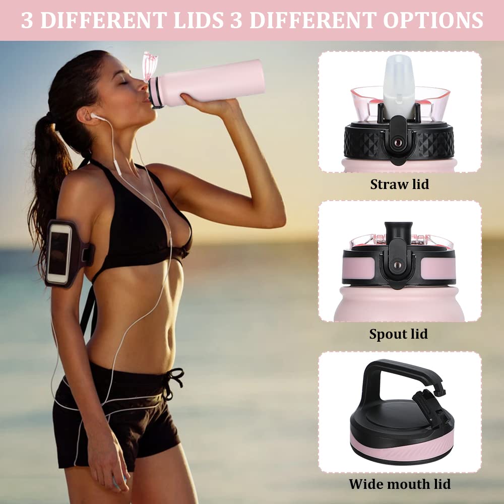 GOPPUS 32 oz Insulated Stainless Steel Water Bottle with Straw & Wide Mouth Lid - Double Wall Vacuum, Leakproof, Reusable Metal Sports Bottle with Strap (Pink, 3 Lids) - Perfect for Gym, Hiking, Running & Outdoor Activities