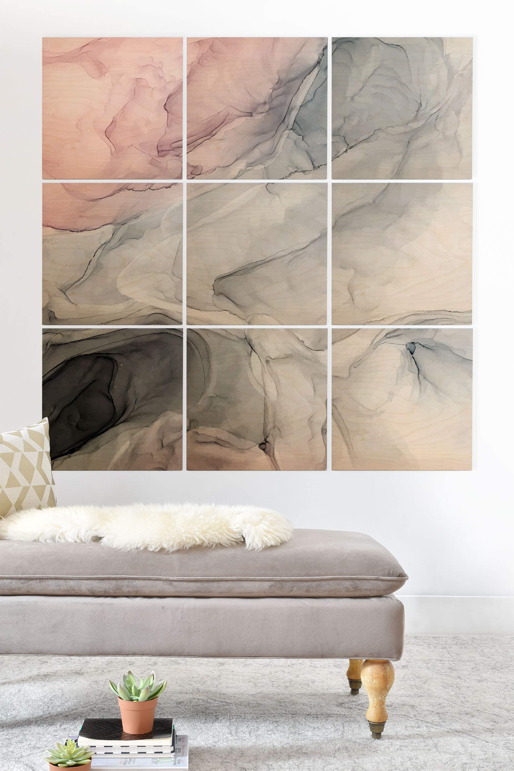 Pastel Blush, Grey and Blue Ink Clouds Painting Wood Wall Mural by Elizabeth Karlson - 4'x4' Home Decor for Living Room, Bedroom & Office - Society6 Art Print