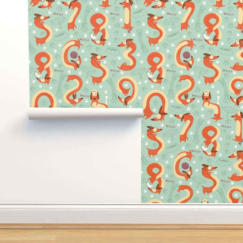 Premium Commercial Grade Wallpaper Roll - 27ft x 2ft Dog Numbers Mint Orange Cartoon Dachshunds Design | Gender Neutral Kids Room, Nursery, Classroom Decor | Waterproof & Peel-and-Stick for Easy Installation