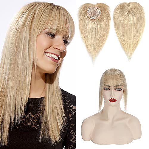 SEGO 150% Density Human Hair Toppers With Bangs for Women - Mono Base Clip-in Hair Topper, Hand-Tied Wiglet for Thinning Hair (14 Inch, Ash Blonde & Bleach Blonde) | Perfect for Daily Wear, Parties & Special Occasions