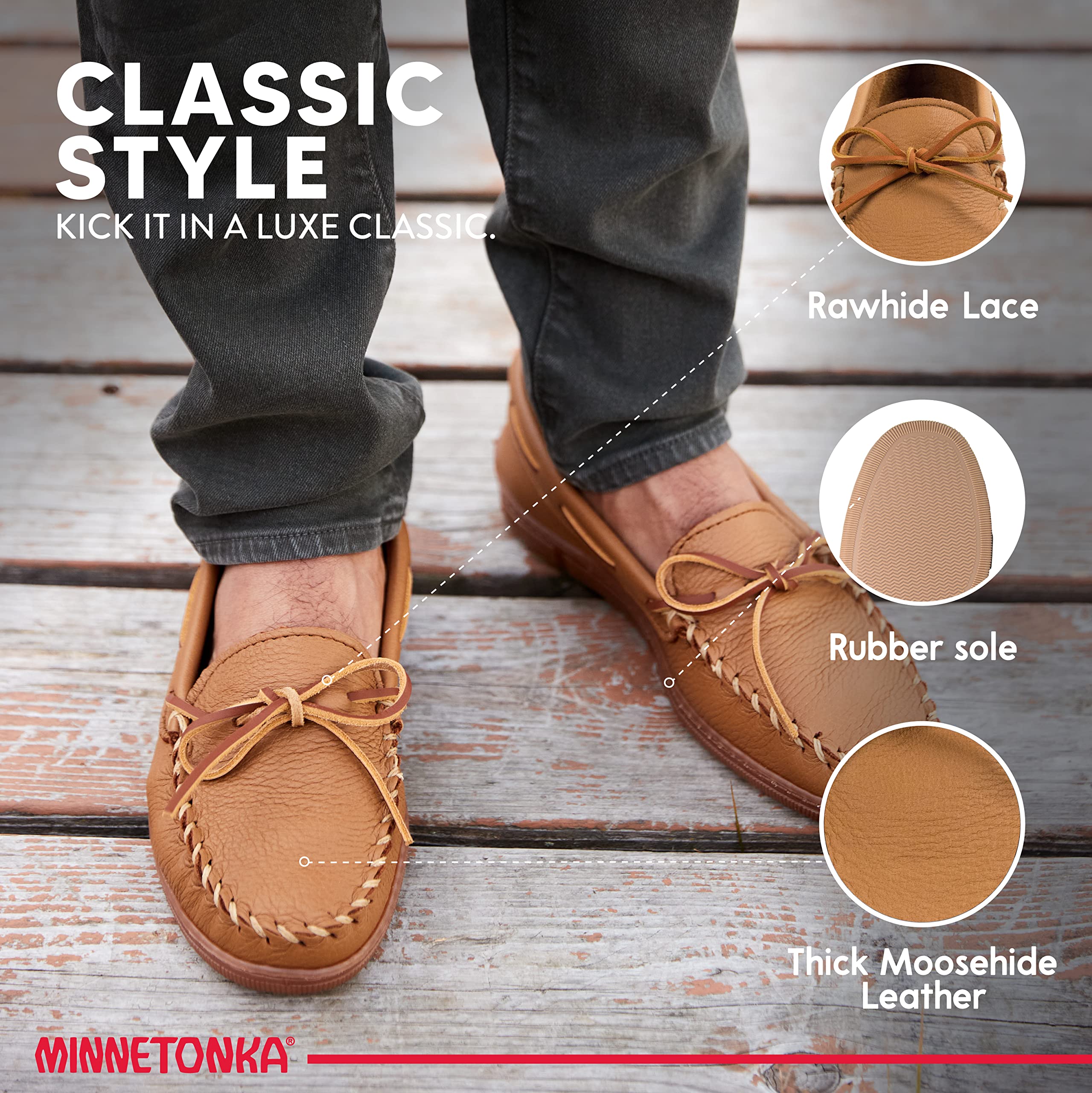Minnetonka Men's Moosehide Classic Moccasin - Genuine Leather Slip-On Shoes for Men | Comfortable & Durable Casual Loafers | Perfect for Indoor, Outdoor & Driving