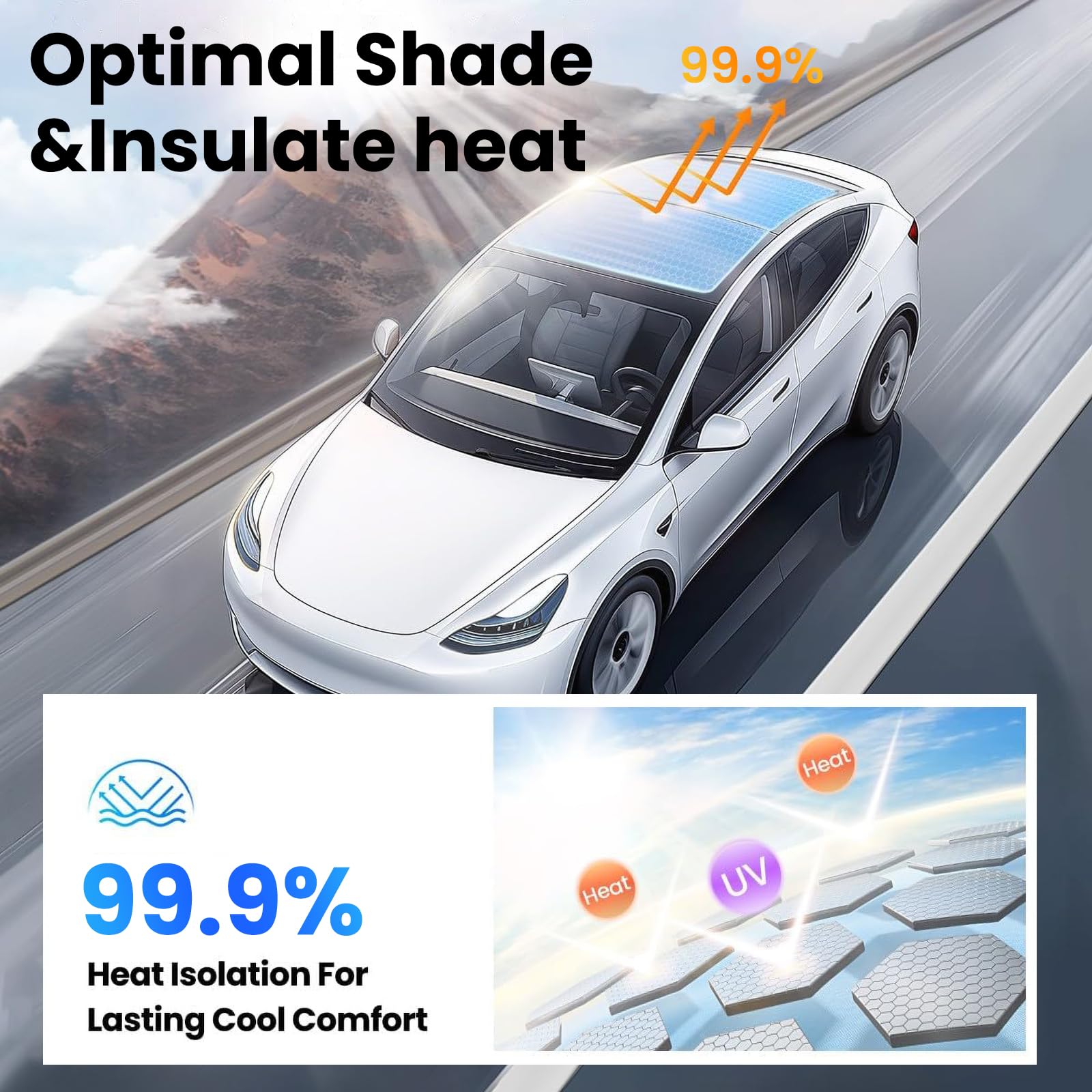 Premium Retractable Electric Sunshade Roof for Tesla Model Y (2019-2024) - 5-Layer 99.9% UV Protection, Heat Insulation, Hidden Wires - Interior Gray - Perfect for Summer Driving & UV Protection