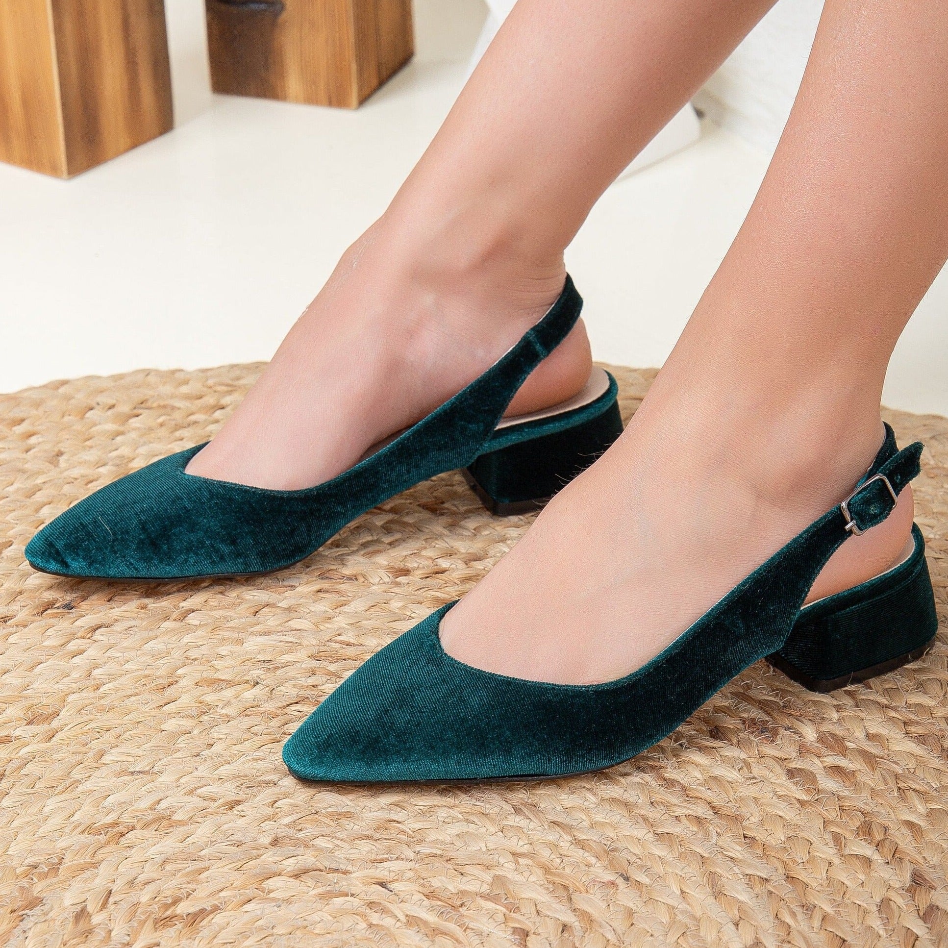 Emma Green Velvet Slingback Shoes - Women's Comfortable Low Heel Dress Pumps for Party, Wedding & Evening Occasions
