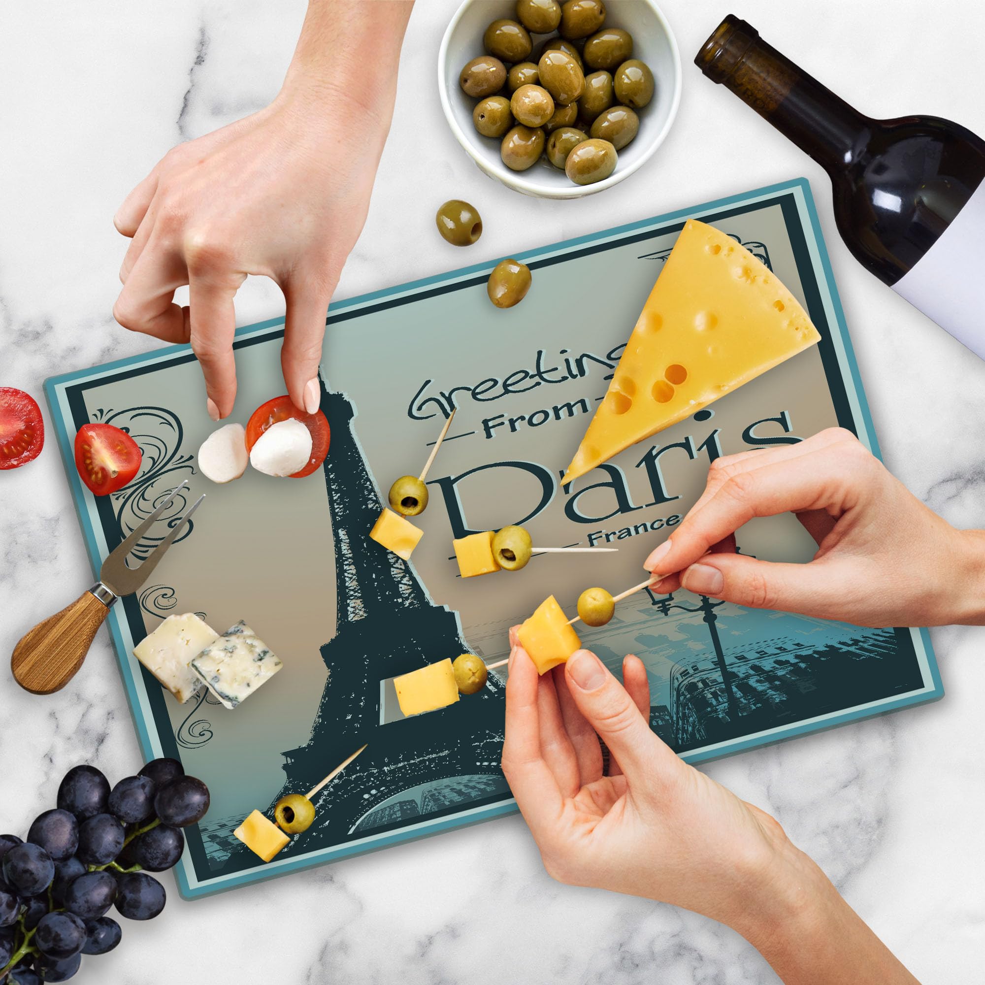 Ambesonne Eiffel Tower Tempered Glass Cutting Board - Large Paris France Themed Serving Tray with Romantic Design in Peach, Slate Blue, Sky Blue & White - Perfect for Kitchen Decor, Cheese Platters, and French-Themed Dinner Parties