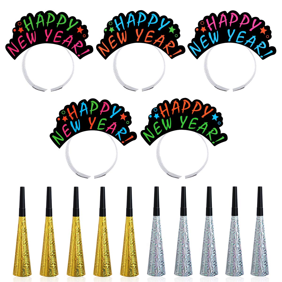 Amosfun 2020 New Year Party Photo Booth Props Kit - 25-Pack Includes Happy New Year Hats, Headbands & Noise Makers for NYE Celebration - Perfect for New Year's Eve Parties, Countdown Events & Family Gatherings