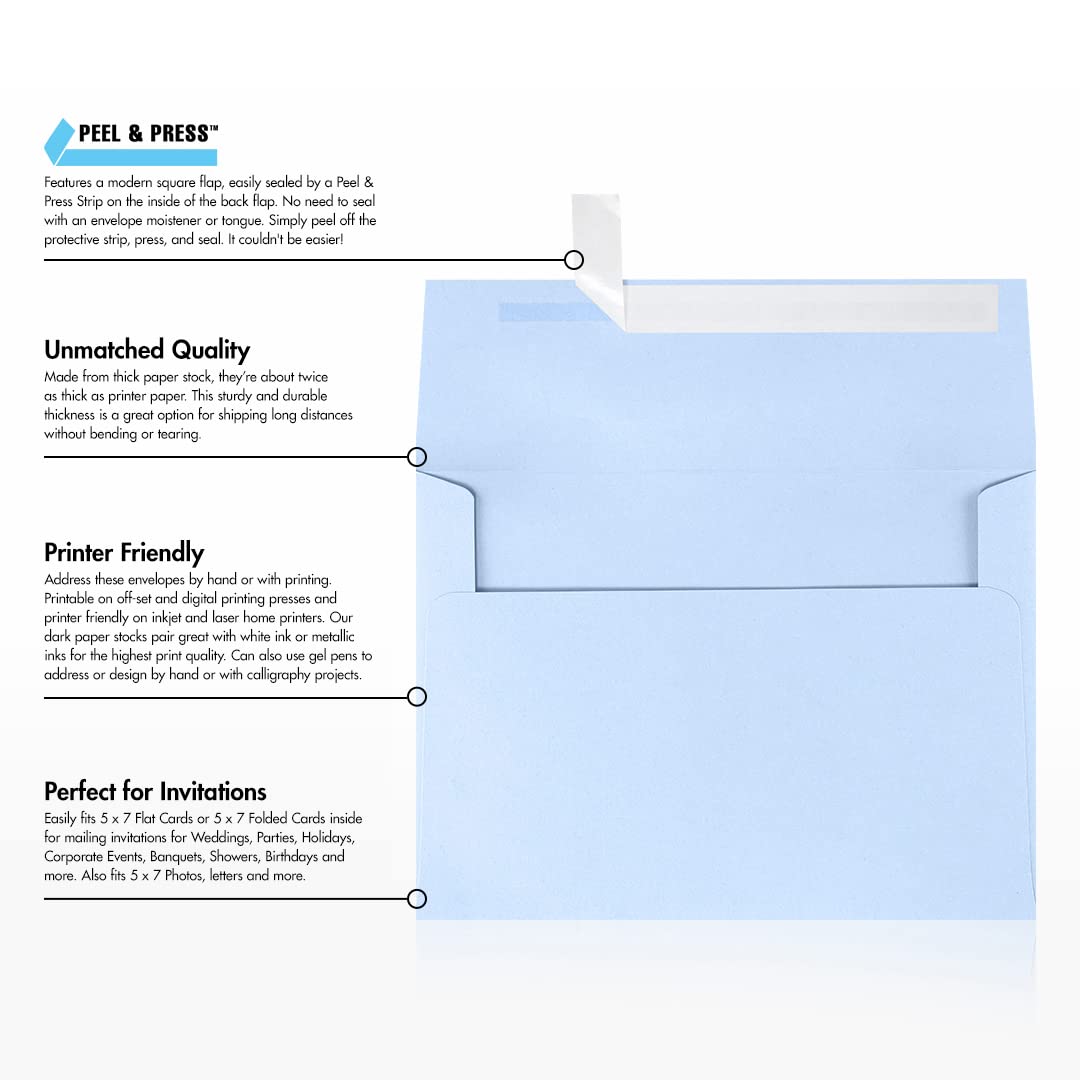 LUXPAPER A7 Printable Invitation Envelopes for 5x7 Cards - 80 lb. Premium Baby Blue Paper, Self-Sealing Peel & Press, 1000 Pack (5.25x7.25 in) - Perfect for Weddings, Parties, Business Events & Greeting Cards