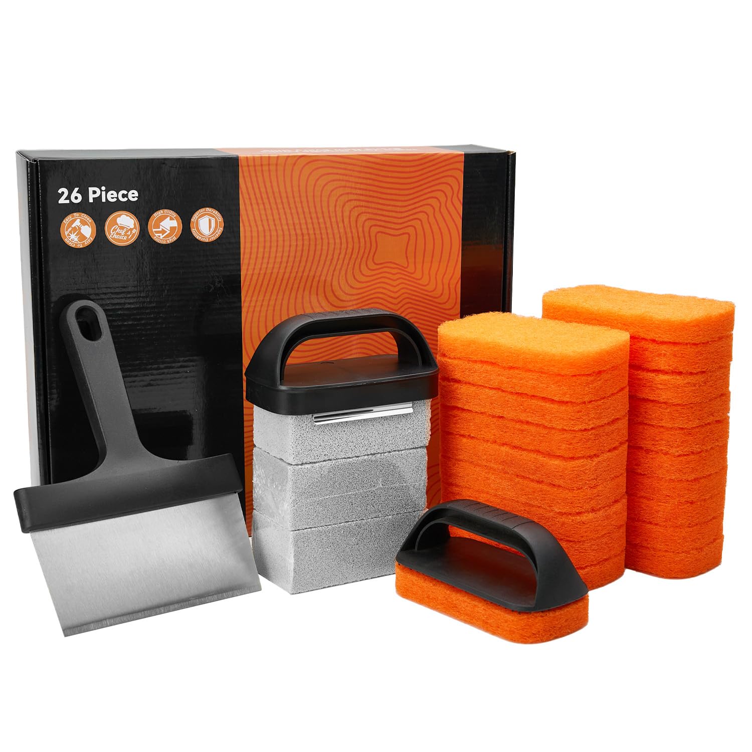 26-Piece Griddle Cleaning Kit for Blackstone Flat Top Grill - Includes Scraper, 3 Cleaning Bricks, 20 Scouring Pads & 2 Handles | Hot/Cold Surface Safe | Perfect for Outdoor BBQ, Camping & Backyard Cooking
