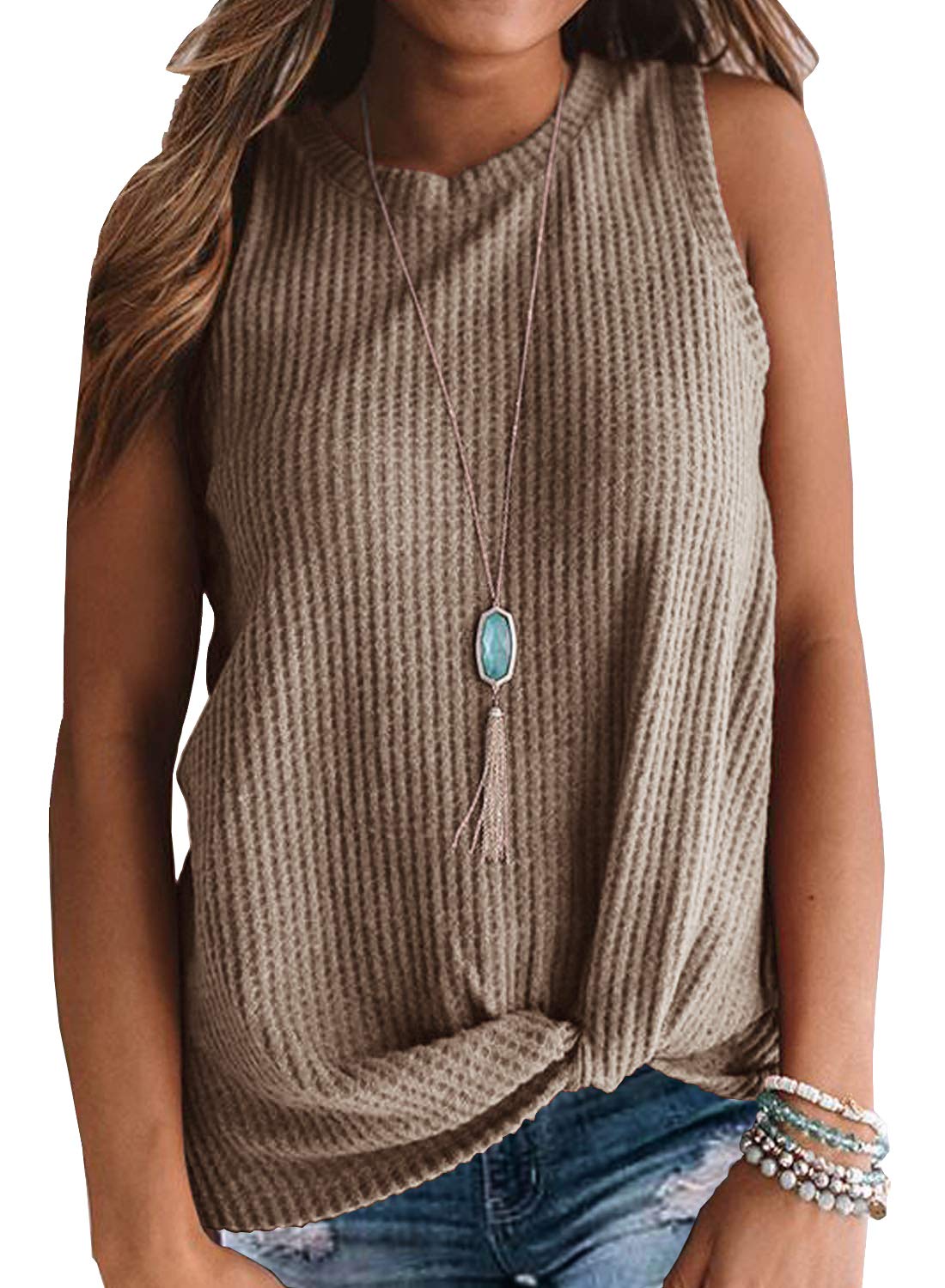 IWOLLENCE Women's Waffle Knit Tank Top - Casual Sleeveless Blouse with Twist Knot Detail | Perfect for Summer Outfits, Beach Wear & Layering