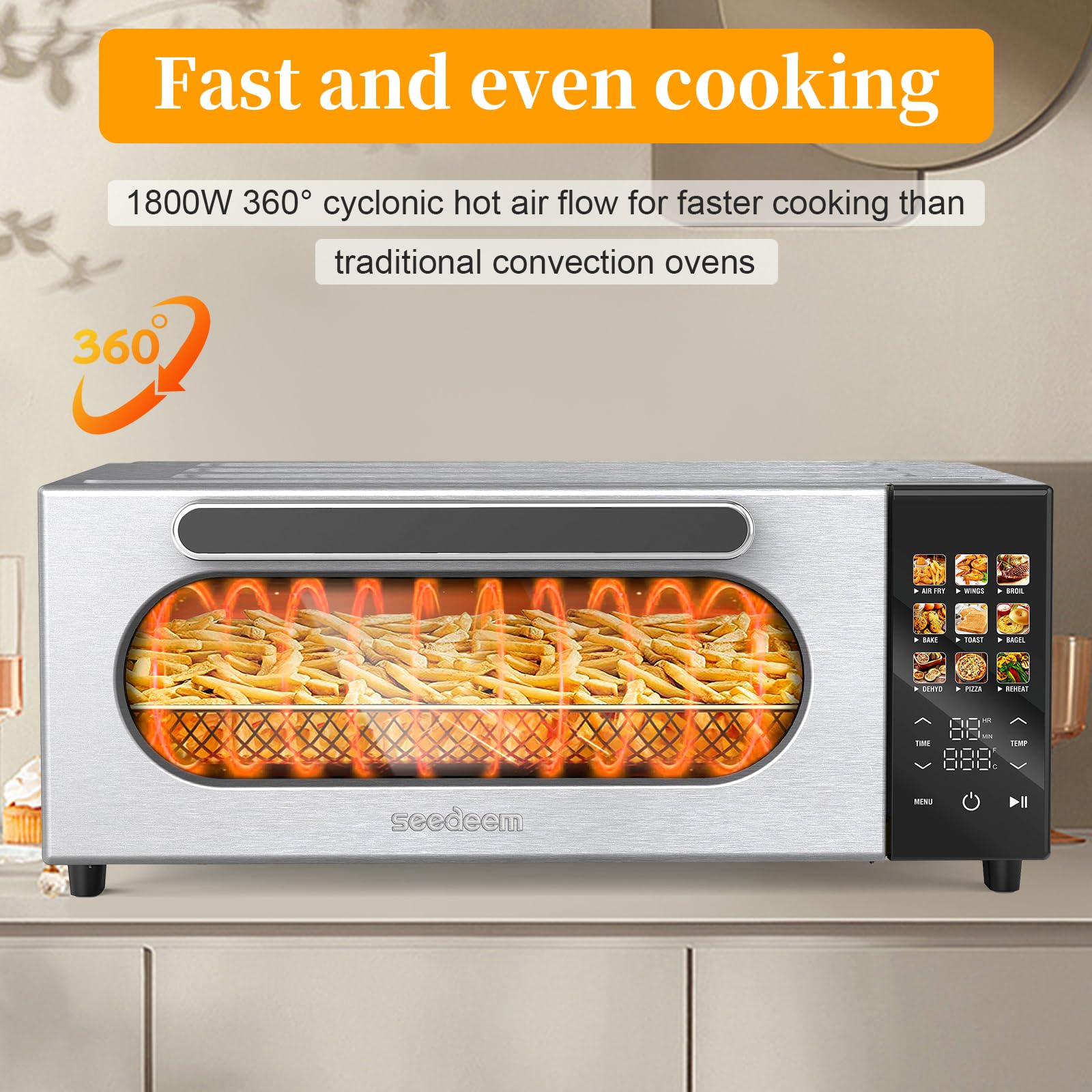 SEEDEEM 10-in-1 Air Fryer Toaster Oven with Convection - 15L Capacity, LCD Touch Screen, 1800W - Bake, Roast, Toast, Dehydrate - Includes 4 Accessories (Silver) | Perfect for Small Kitchens, Dorms & RV Cooking