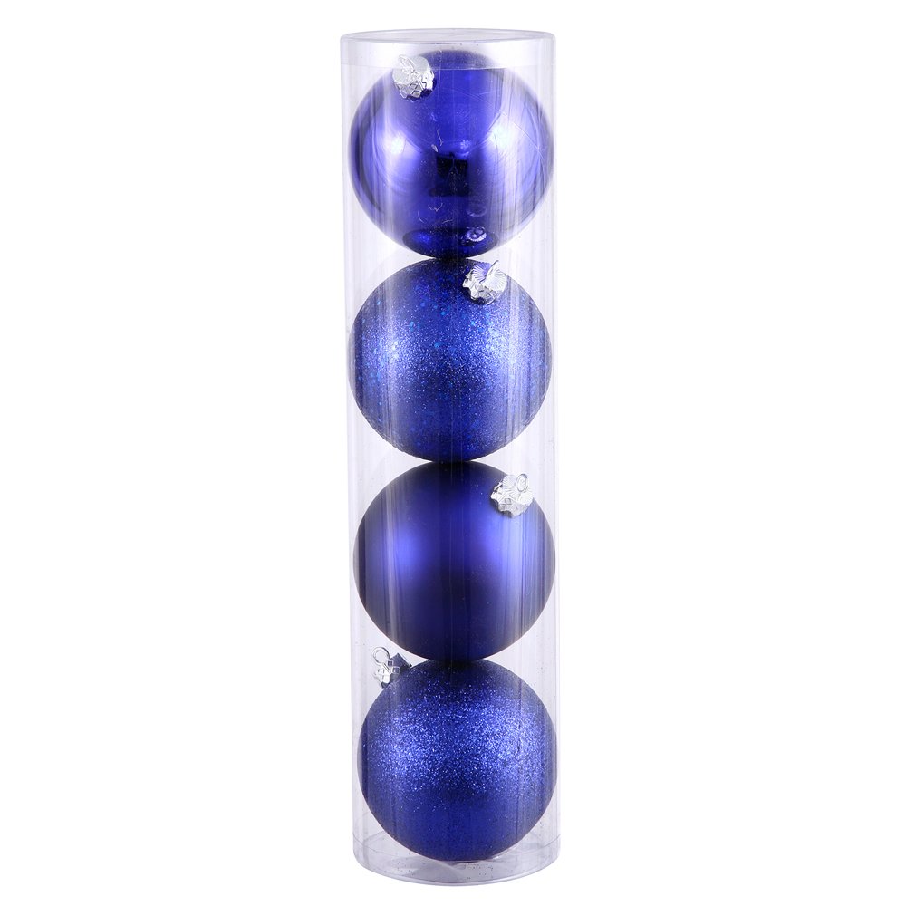 Vickerman 12-Inch Cobalt Blue Christmas Ball Ornaments - 4-Piece Assortment with Mixed Finishes - Perfect for Holiday Tree Decor, Gift Wrapping & Festive Home Decorations