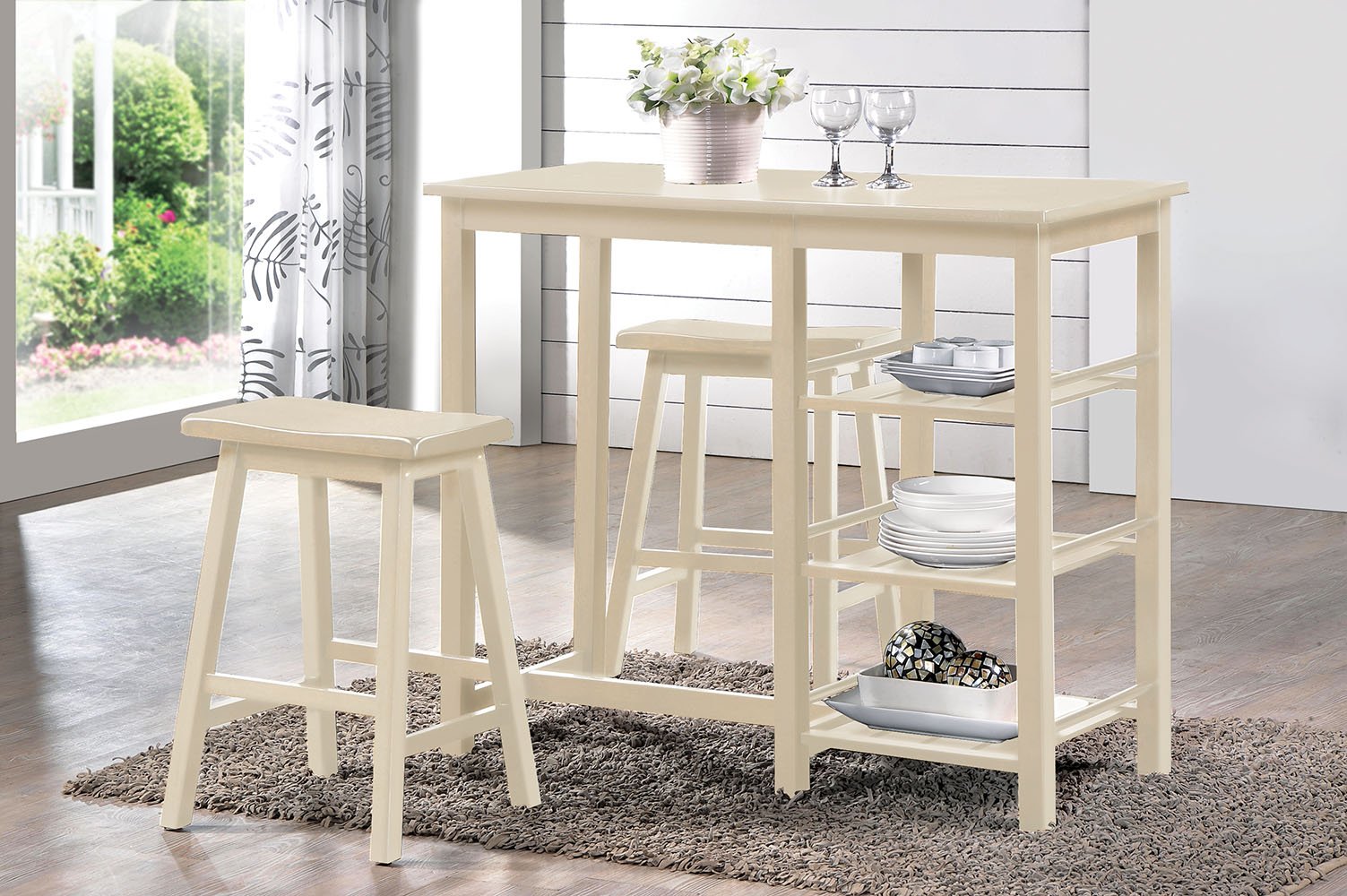 Acme Nyssa 3-Piece Wooden Counter Height Dining Set in Buttermilk - Perfect for Kitchen Islands, Breakfast Nooks & Small Space Dining