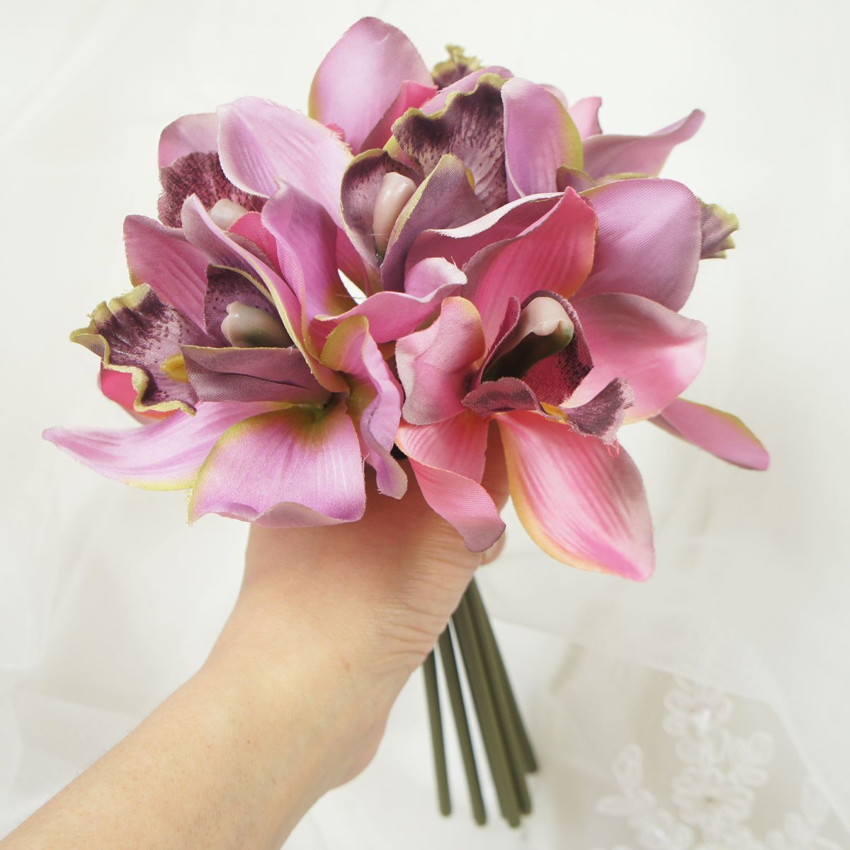 Mini 7 Stems Cymbidium Orchid Bundle - Realistic Artificial Silk Flowers in Mauve for Home Decor, Wedding Centerpieces & Office Arrangements