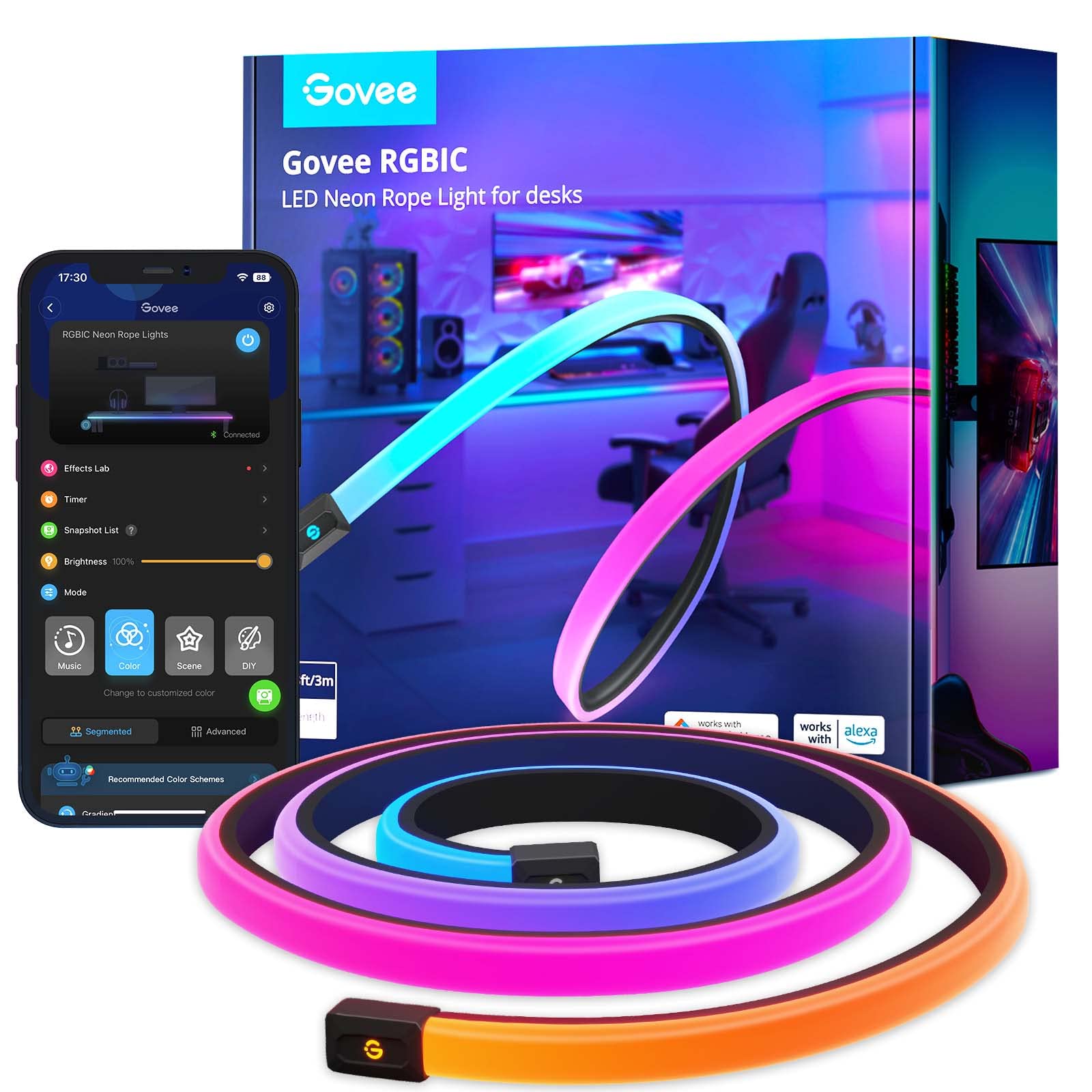 Govee RGBIC Gaming LED Strip Lights - 10ft Neon Rope Lights for Gaming Setup, PC Desk, Room Decor | Razer Chroma Sync, Smart App Control, Music Mode | Cuttable Design, 2.4G WiFi Only | Perfect for Gaming Battlestations, Streaming Backgrounds & Home Theater Lighting