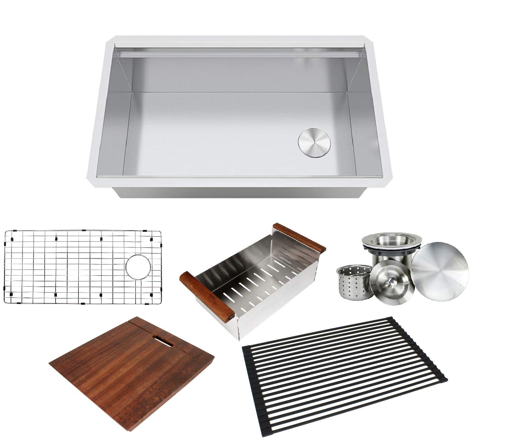 KINGSMAN 32-Inch 16-Gauge Undermount Single Bowl Stainless Steel Kitchen Sink with Built-in Ledge & Accessories - Brushed Nickel Finish | All-in-One Workstation for Modern Kitchens | Perfect for Meal Prep, Dishwashing & Entertaining Guests