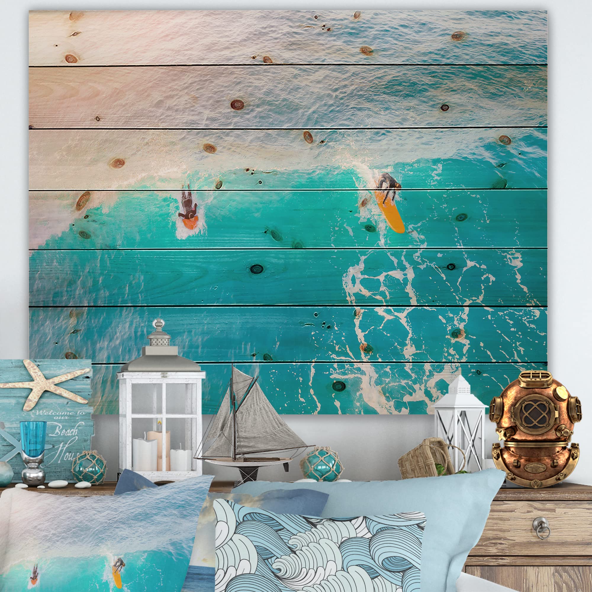 DesignQ Surfers on Ocean Wave Wood Wall Art - Large Blue Beach Decor Printed on Natural Pine Wood - Perfect for Coastal, Nautical & Surf-Themed Home Decor
