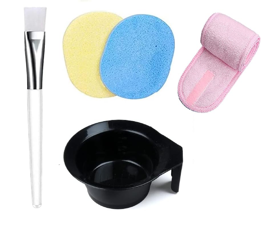 Premium Facial Mask Applicator Brush with Bowl | Soft Cosmetic Brush for Face Pack & Makeup | Includes 2 Face Cleaning Sponges & Adjustable Polycotton Headband | Perfect for Spa, Skincare Routine & At-Home Beauty Treatments