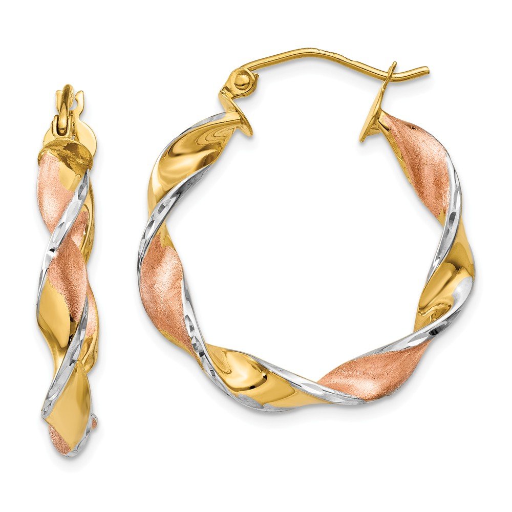 14K White, Yellow & Rose Gold Twisted Hoop Earrings for Women - Elegant Tri-Color Jewelry for Everyday Wear, Parties & Special Occasions