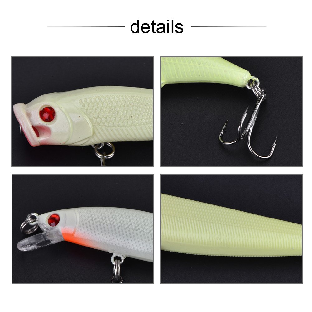5Pcs Glow in The Dark Crankbait Lures - ABS Hard Fishing Baits with Hooks for Saltwater & Freshwater - Perfect Night Fishing Lures for Bass, Trout, and Walleye - Ideal for Low Light Conditions and Deep Water Fishing