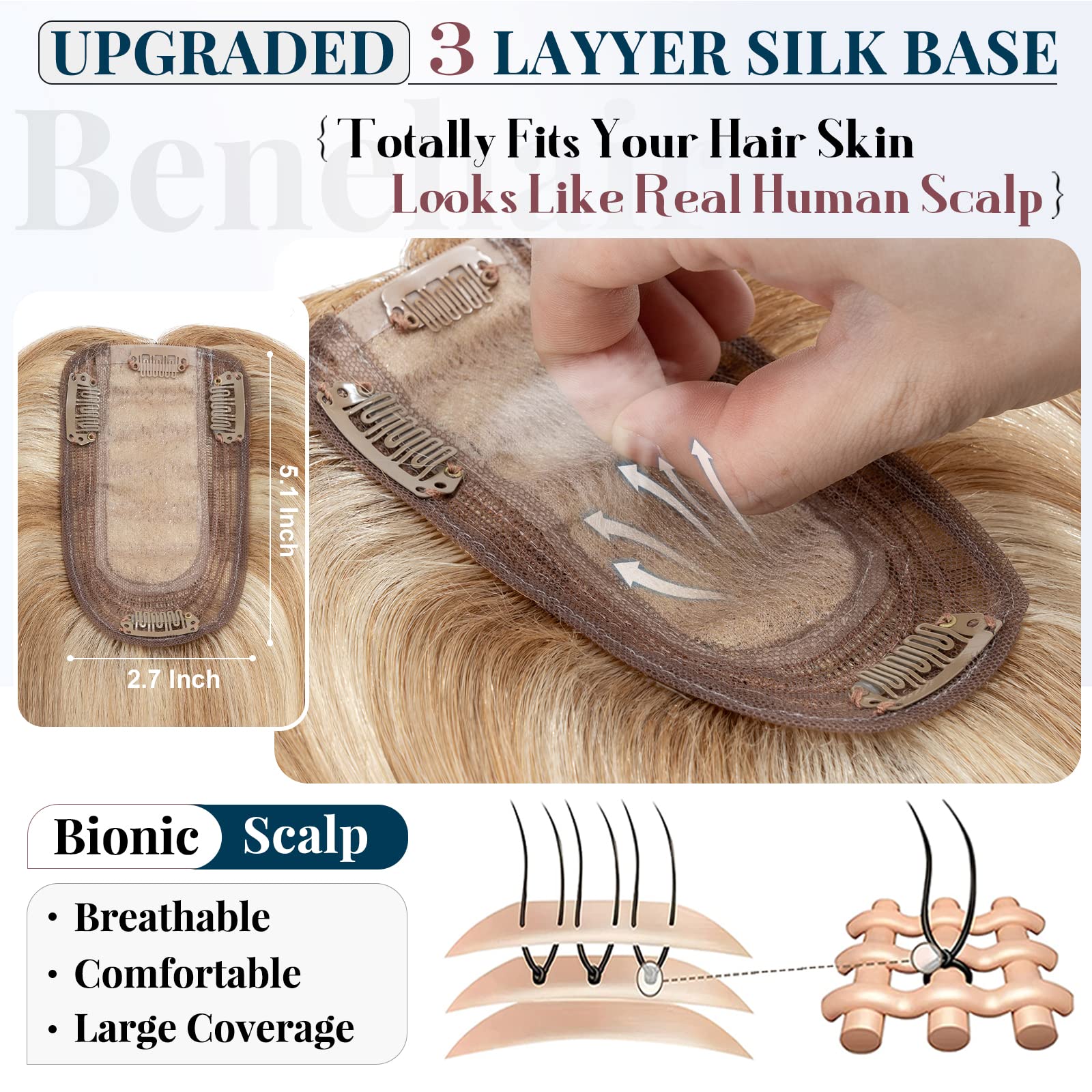 Benehair Remy Human Hair Topper with Silk Base - 12 Inch 38 Gram Clip-In Hair Topper for Women (Golden Brown & Bleach Blonde) - Natural Looking Hair Replacement for Thinning Hair, Daily Wear & Special Occasions