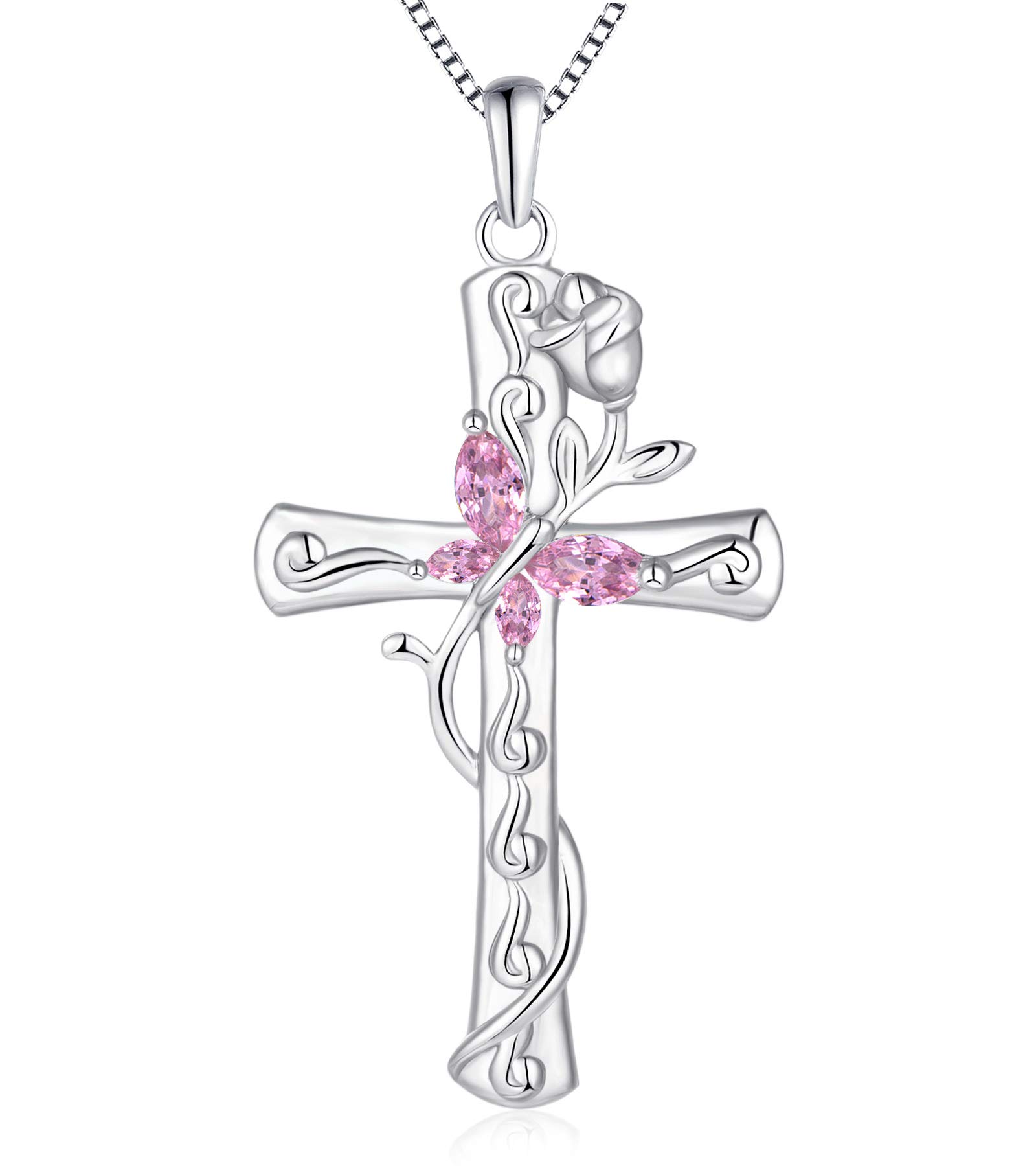 YL Butterfly Cross Necklace - Sterling Silver Rose Flower Pendant with Birthstone, Elegant Jewelry Gift for Women, Perfect for Valentine's Day, Anniversary & Special Occasions