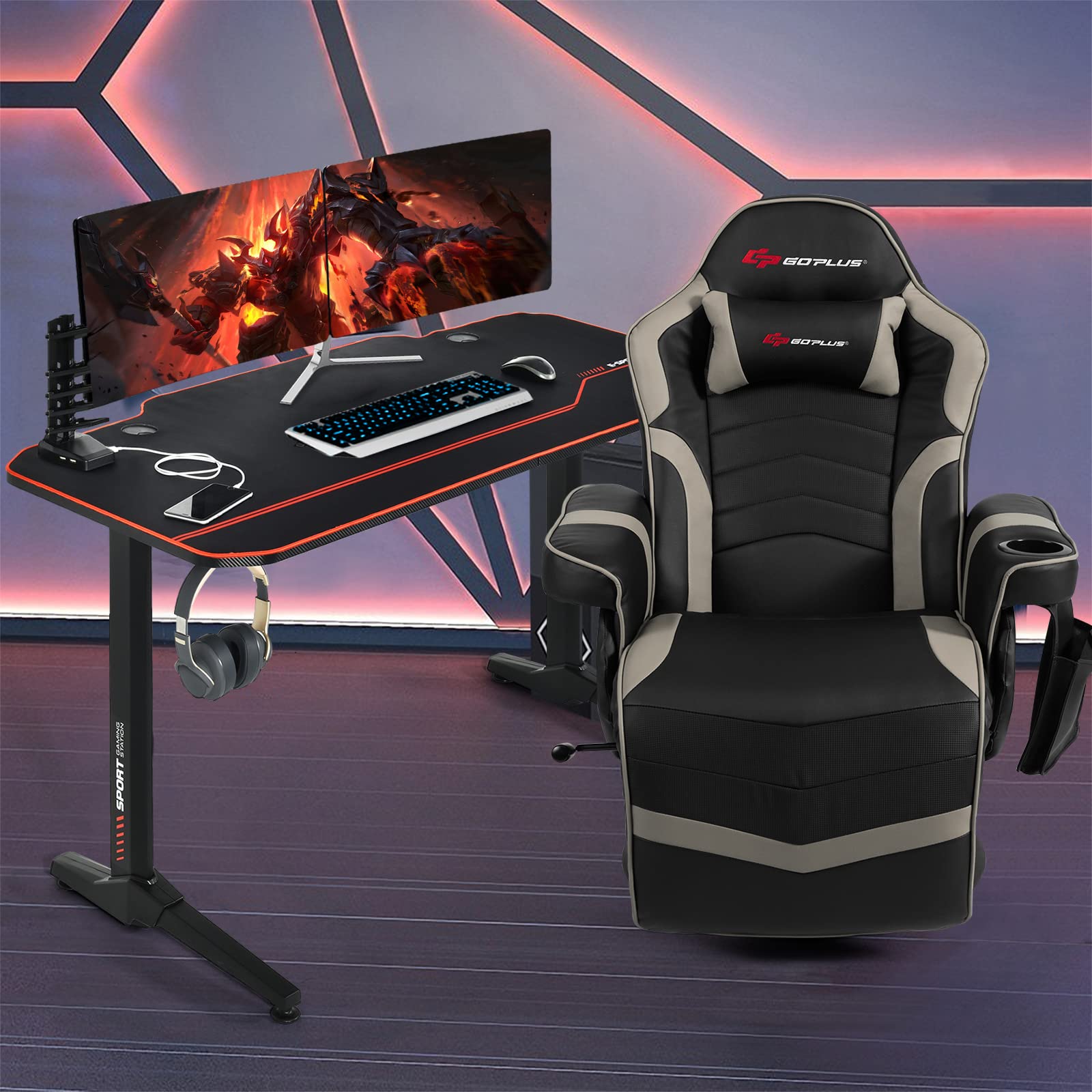Goplus Gaming Chair and Desk Set - Ergonomic Racing Office Computer Chair with Adjustable Headrest, 4-Point Massage & Footrest, PC Gaming Desk with Cup Holder, Headphone Hook & Large Mouse Pad (Grey) - Perfect for Home Office, Streaming Setup & Esports Gaming