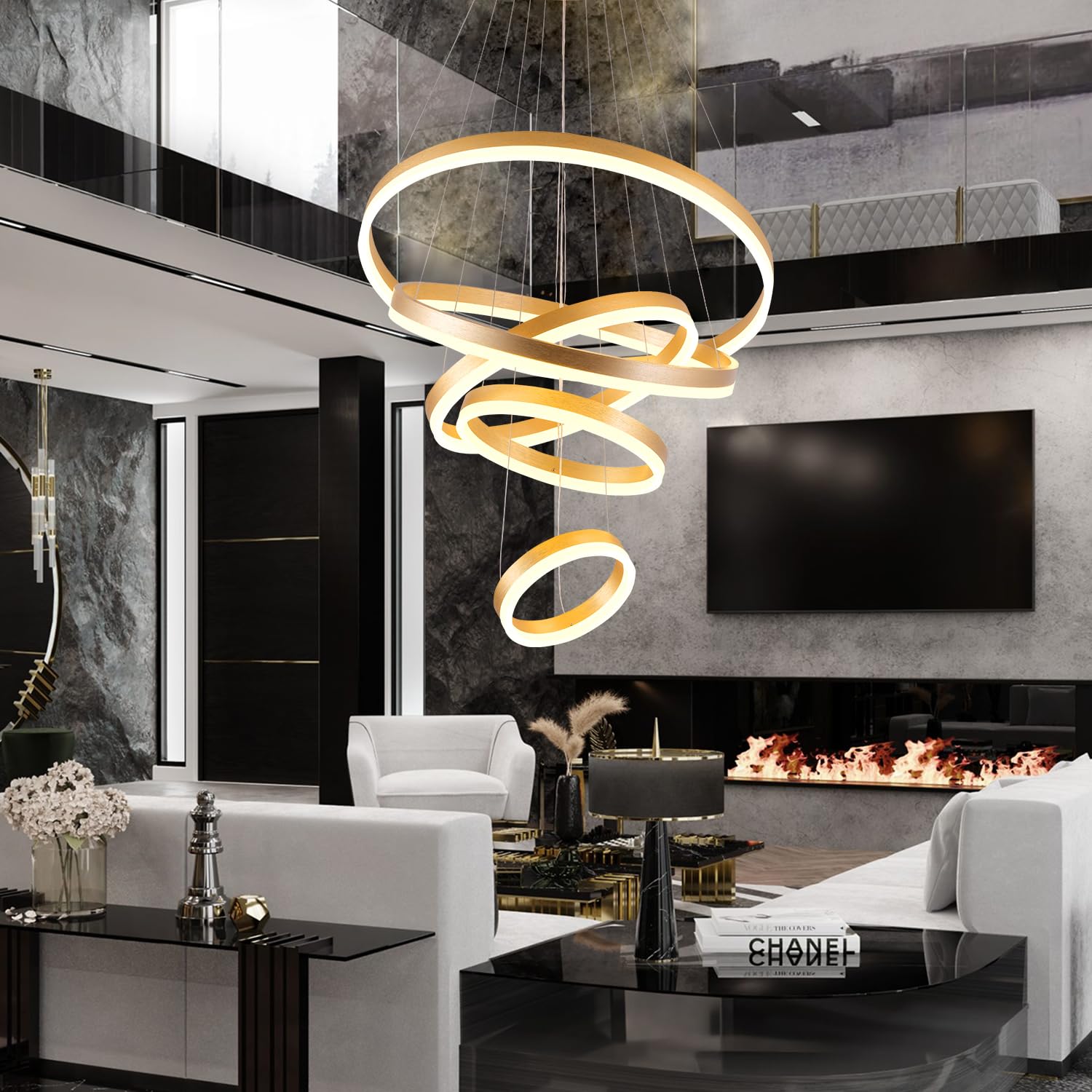 Modern Gold Chandelier 5 Rings Dimmable LED Pendant Light - Adjustable Height Ceiling Fixture for Dining Room, Kitchen, Living Room & Bedroom | Elegant Lighting for Home Decor & Special Occasions