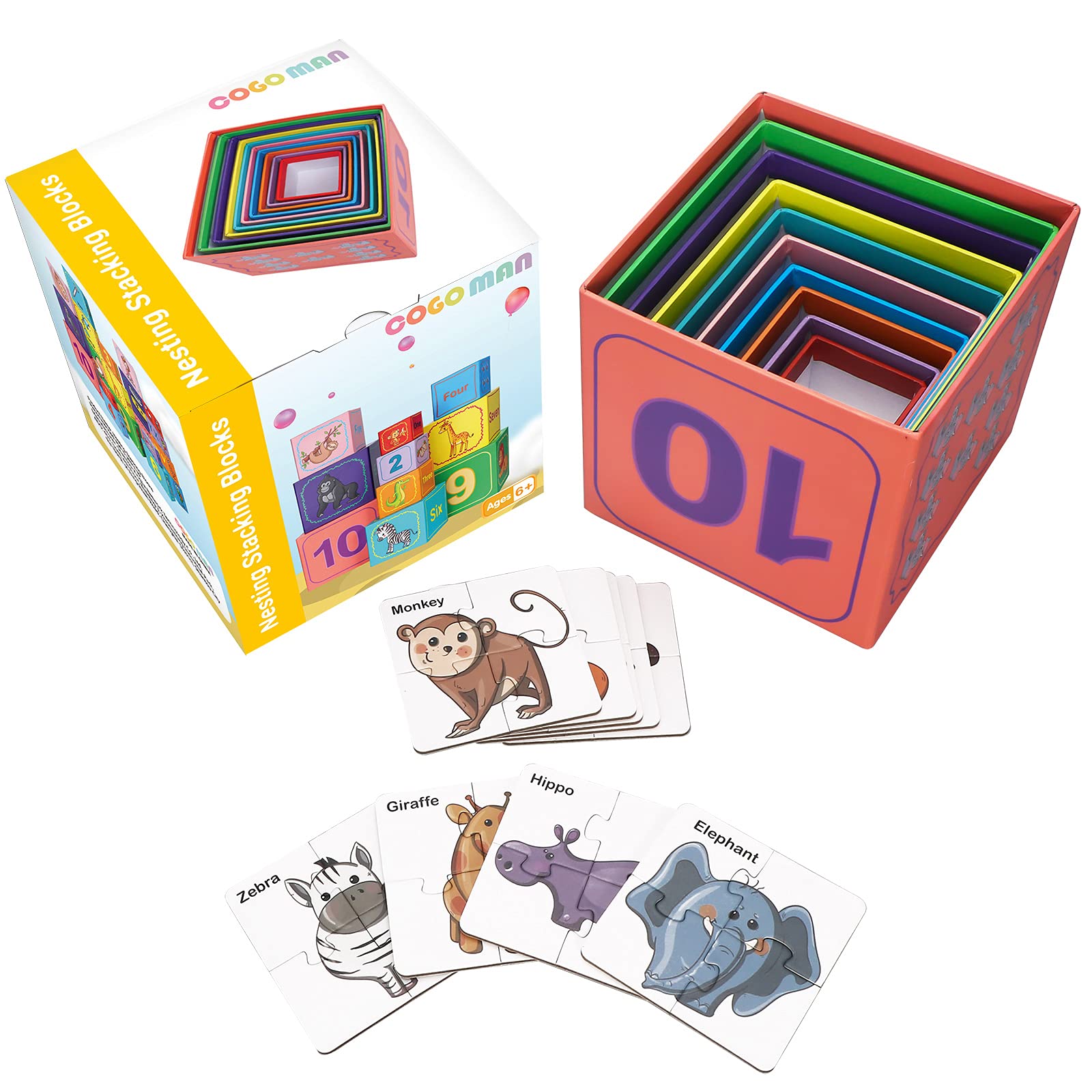 Nesting and Stacking Blocks for Toddlers - Animal Puzzle Toys Set with Number Blocks, Counting & Educational Learning Toys | Montessori Toys for Early Childhood Development | Perfect for Preschool Learning, Playtime & Sensory Exploration