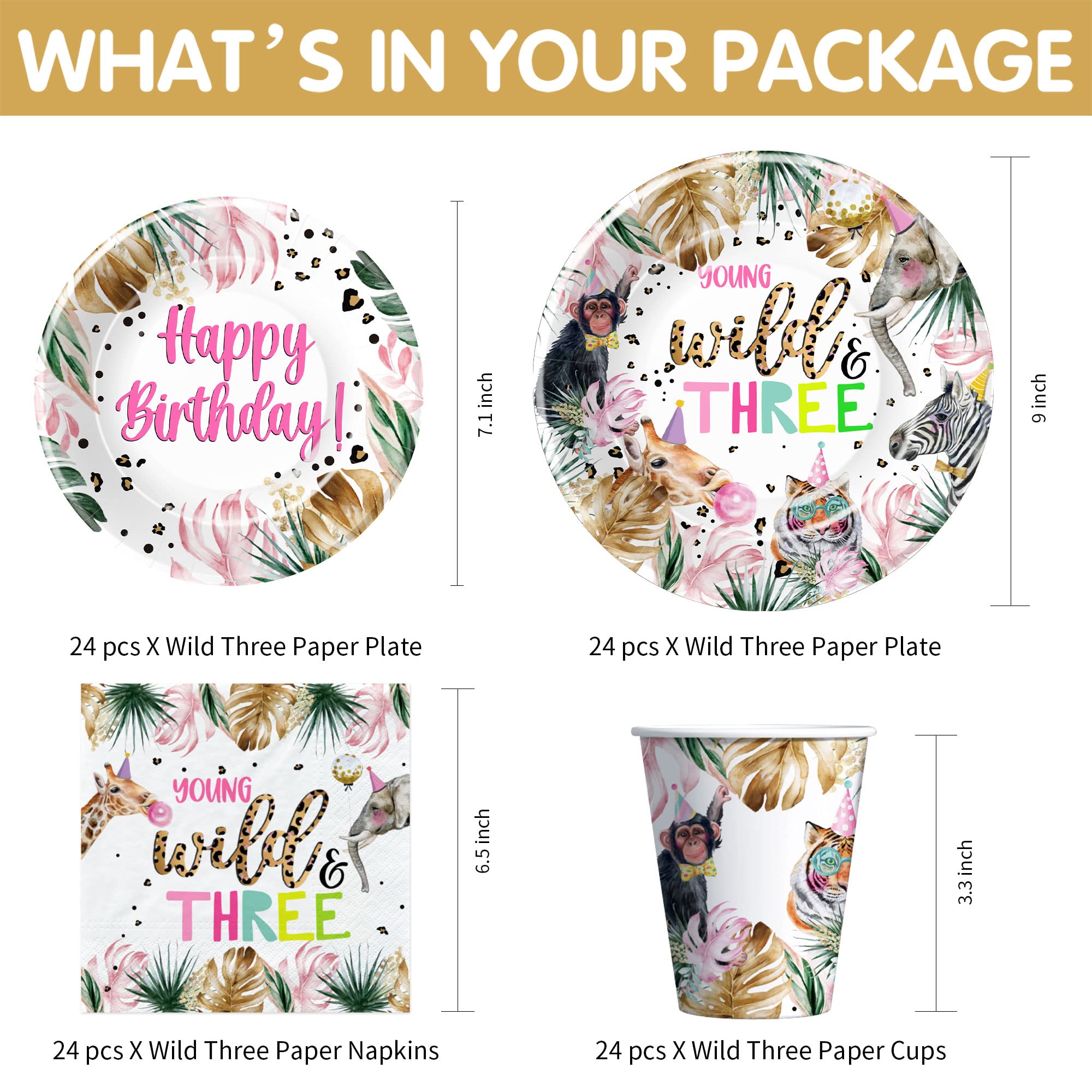Wild Safari 3rd Birthday Party Supplies Set - 24-Piece Dinnerware Kit with Plates, Cups, Napkins, Tablecloth, Cutlery & Straws for Jungle Animal Themed Decorations | Perfect for Kids' Birthday Parties, Baby Showers & Themed Events